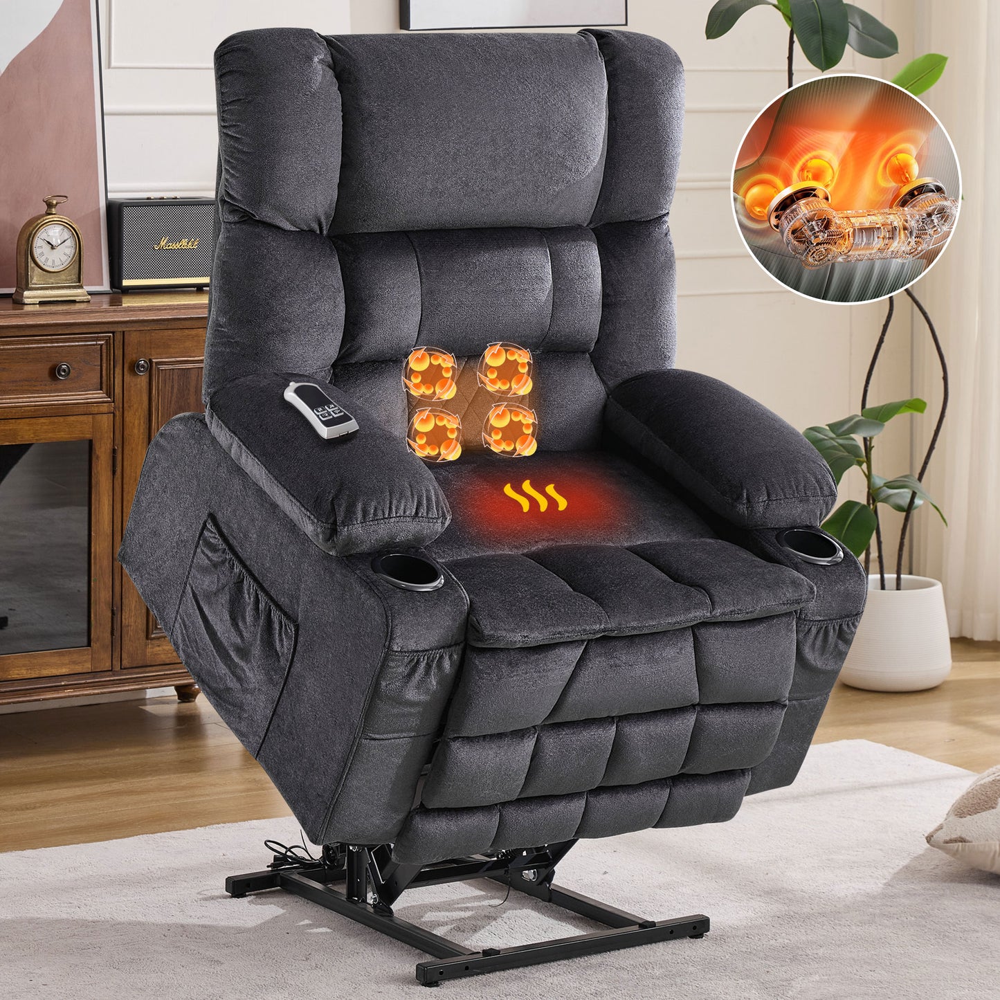 HSUNNS Recliners Lift Chair for Elderly, Upgrade Dual Motor Large Power Cotton Recliner Chair with Massage and Heat for Living Room, Single Sofa with Cup Holder & USB, Lay Flat Up to 180°