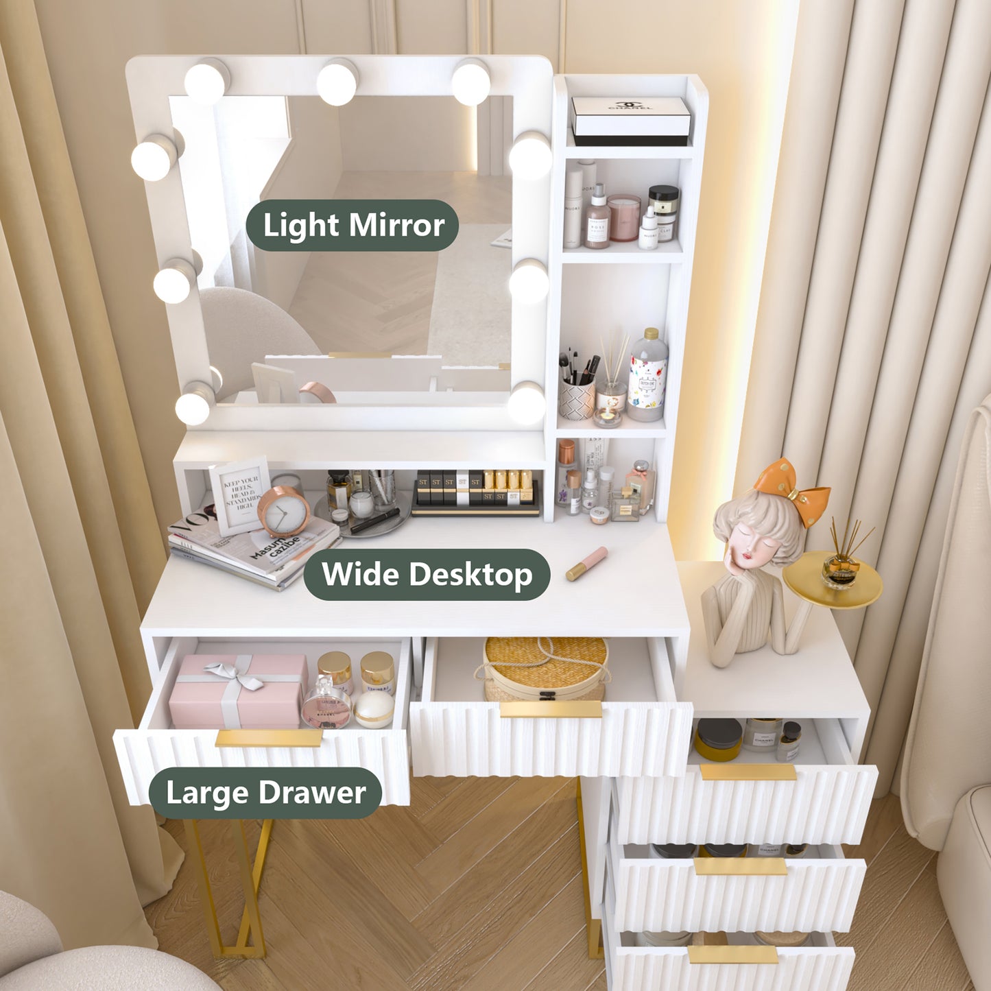 HSUNNS Makeup Vanity Desk with 9 Lights and Mirror, Modern Makeup Desk with 5 Drawers, Vanity with 3 Color Lights for Bedroom,Vanity Table with Storage Cabinet and Shelves, White