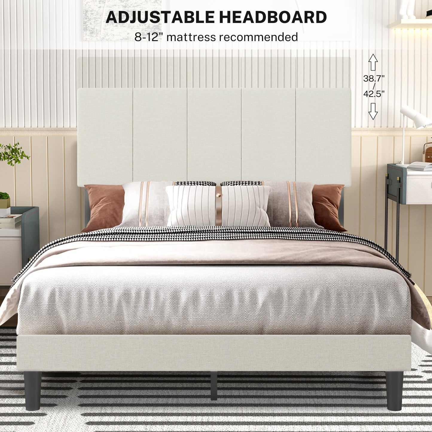 SYNGAR Upholstered Platform Bed Frame Full Size with Height Adjustable Headboard, Metal Full Bed Frame with Strong Slat Support, Bedroom Furniture, Noise Free, No Box Spring Needed, Beige