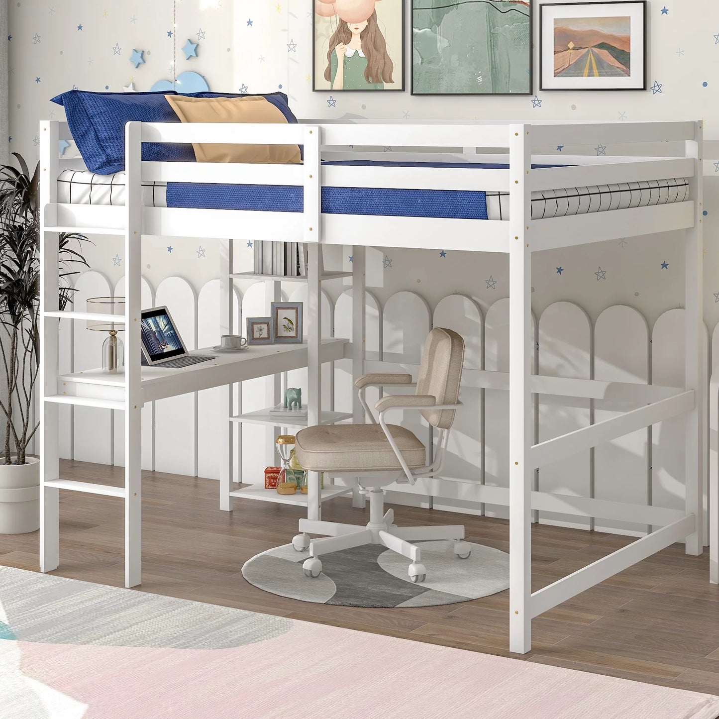 SYNGAR Full Loft Bed with Desk, Wooden Loft Bed with Large Under Bed Storage Space, Space-Saving Bed Frame with Vertical Ladder and Safety Guard Rails for Boys Girls Kids Teens Adults, White