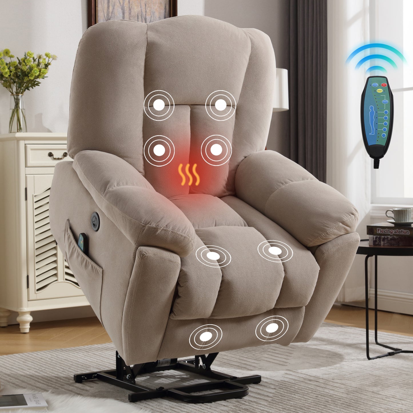 Power Lift Recliner Chair with Vibration Massage and Heating, Oversized Elderly Sofa Home Theater Seating Single Sofa with Hidden Cup Holders, USB Charge Port, for Living Room Bedroom, Gray