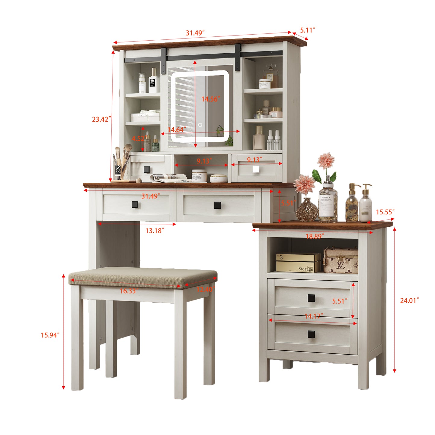HSUNNS Farmhouse Makeup Vanity Set with LED Light and Sliding Mirror, Vanity Table with Chair Set, USB Charge Port and Outlets, 4 Storage Drawers and Shelves, Hidden Storage, White