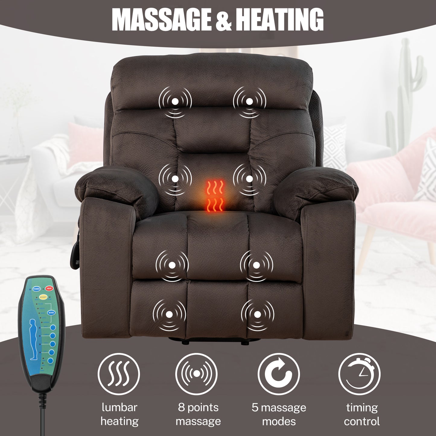 HSUNNS Power Lift Recliner Chair Oversized, Electric Recliner Chair with Heat Therapy and Massage, Large Recliner for Adults Elderly, Single Leisure Sofa for Home Living Room, Dark Brown