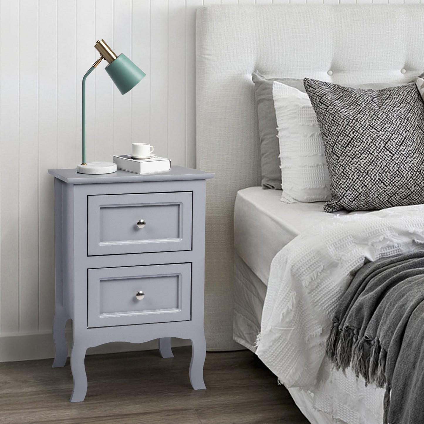 HSUNNS Set of 2 Nightstand Bedroom Bedside Table with Drawers Storage, Country Style Night End Table with Mental Handle, Suitable for Living Room Bedroom, Gray