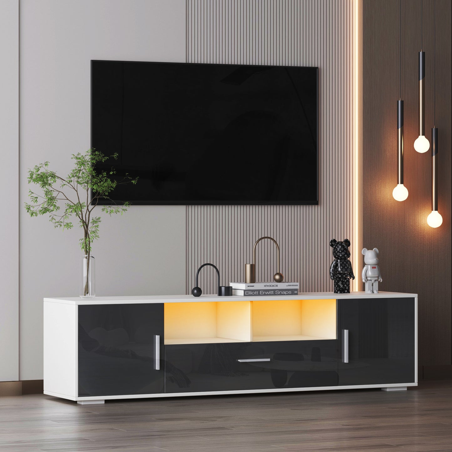 LED TV Stand for up to 65in TV, HSUNNS TV Modern Entertainment Center with RGB Lights, Open Shelf, Remote Control, High Glossy Front TV Console Cabinet, 20min Quick Assemble
