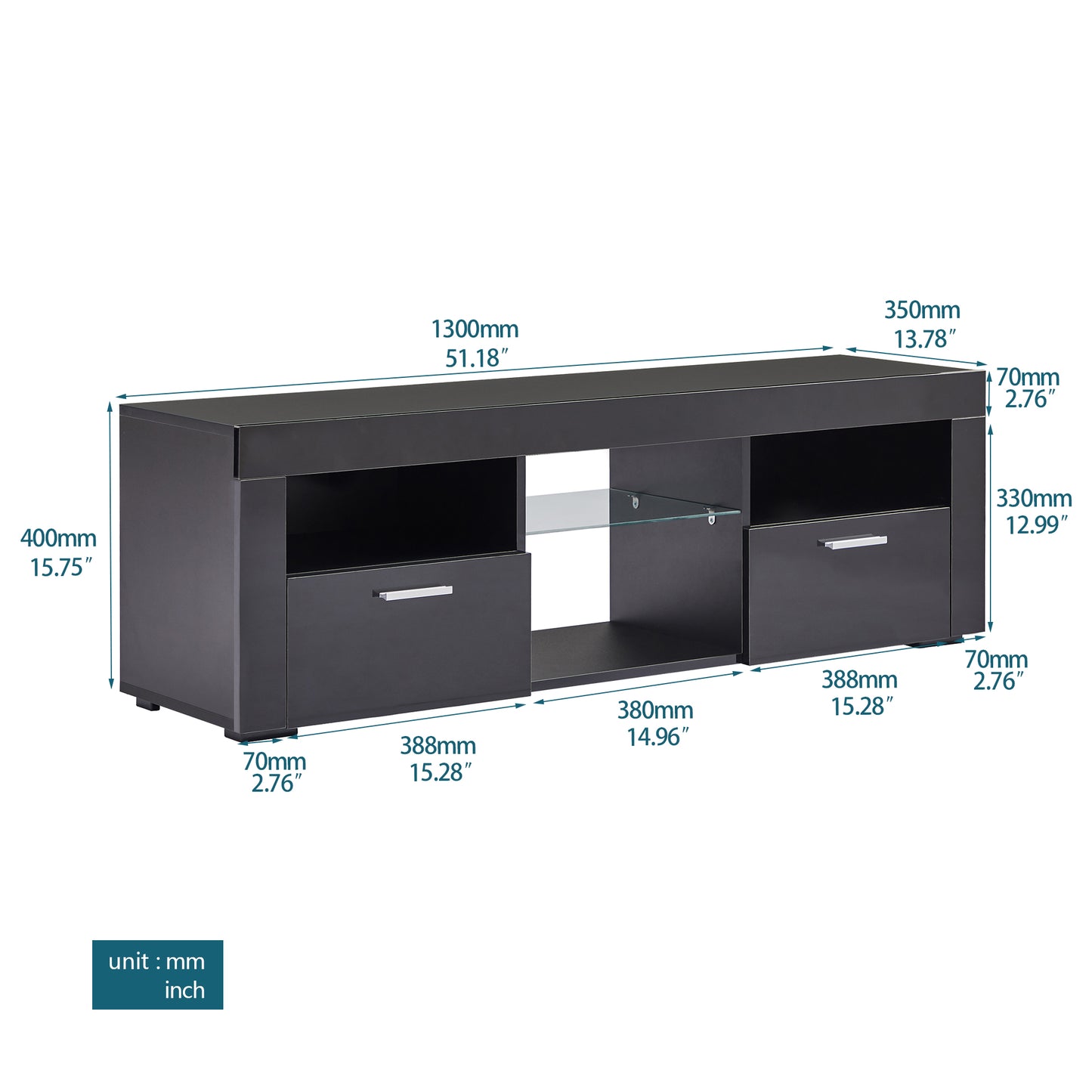 HSUNNS Modern Black TV Stand with Lights for Up to 55in TVs, High Glossy Front TV Entertainment Center with 2 Drawers and Shelf, TV Console Cabinet Media Furniture for Living Room Bedroom