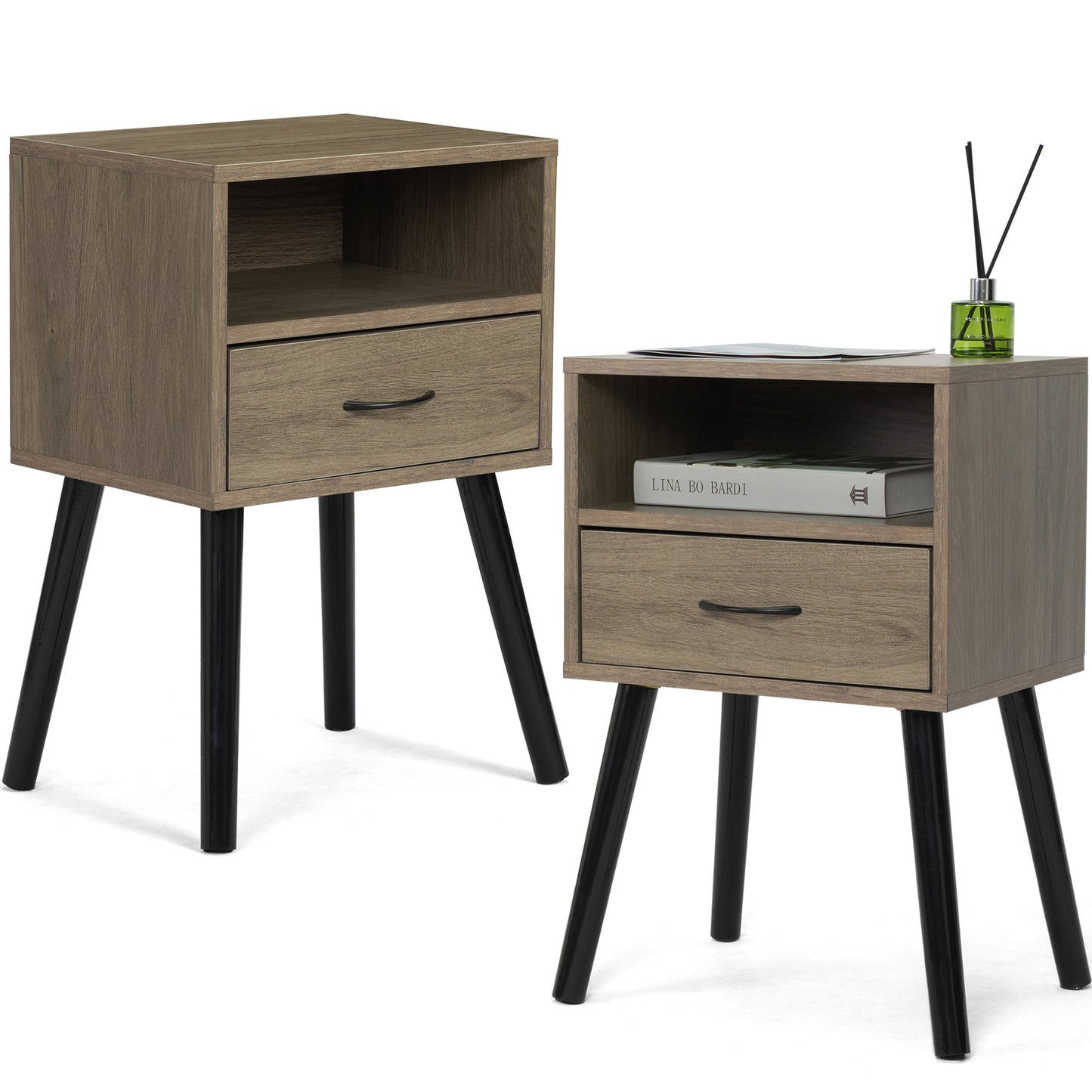 HSUNNS Set of 2 Nightstand Bedroom Bedside Table with Drawer and Shelf Storage, Country Style Night End Table with Portable Handles, Suitable for Living Room Bedroom, Gray