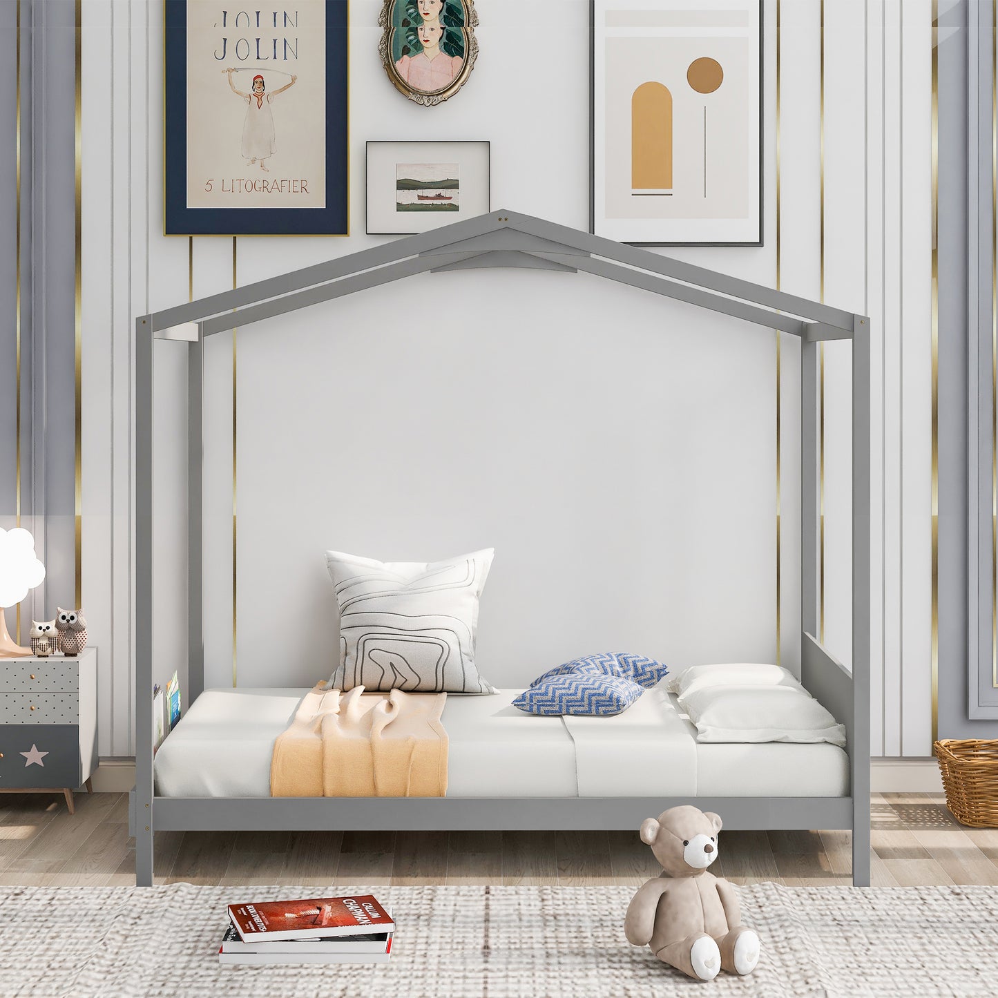 Twin Size House Bed for Kids Toddlers, Twin Bed Frame with Headboard and Footboard, Wood Platform Kids Bed Floor Play House Bed with Strong Slats, No Box Spring Needed, Easy Assembly, White