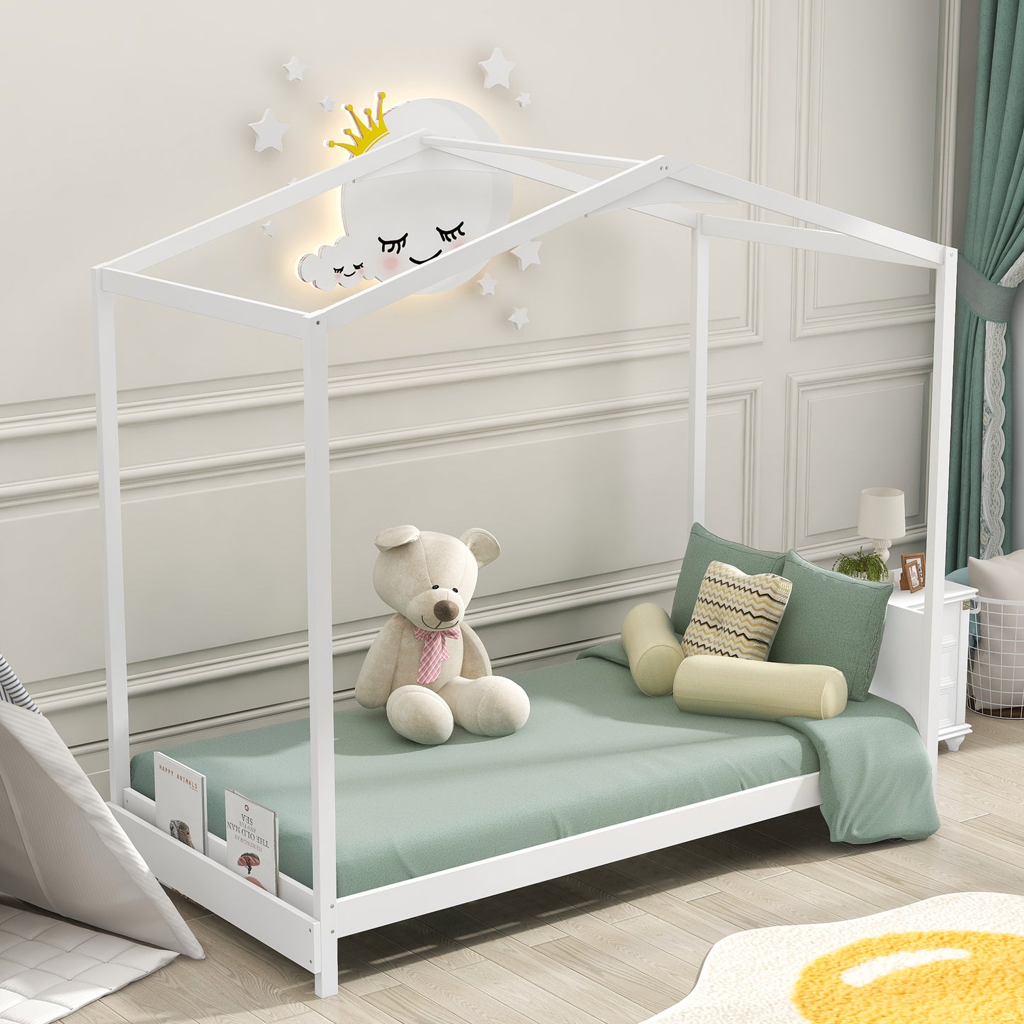 House Bed Frame with Headboard and Footboard, Twin Size Platform Bed Frame Wood Kids Bed Floor Play House Bed with Strong Slats for Girls Boys Toddlers, No Box Spring Needed, Gray
