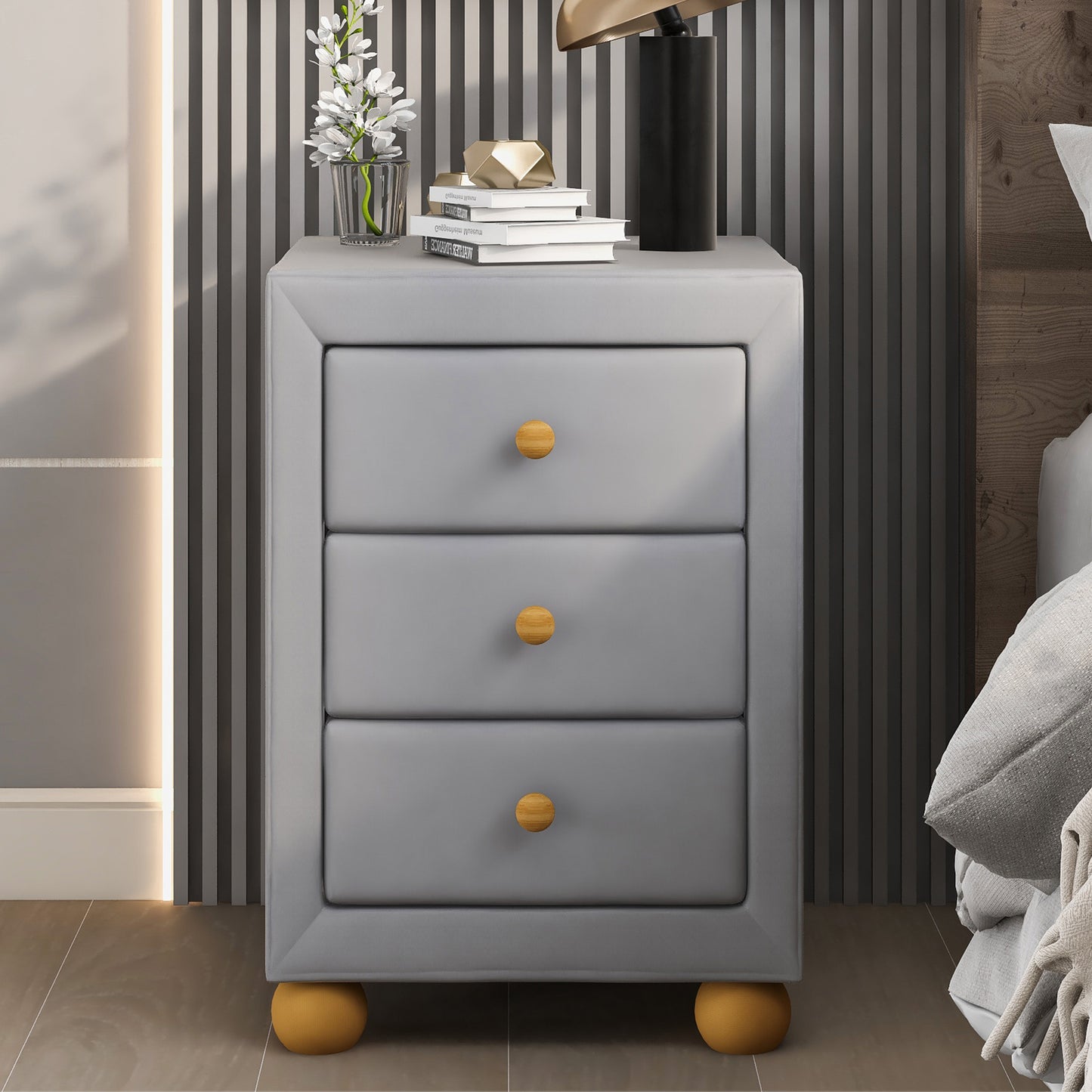 HSUNNS Upholstered Nightstand, Bedroom Bedside Table with 3 Drawers Storage, Modern End Table Drawer Dresser with Natural Wood Knobs and Sturdy Legs, Suitable for Living Room Bedroom, Dark Gray