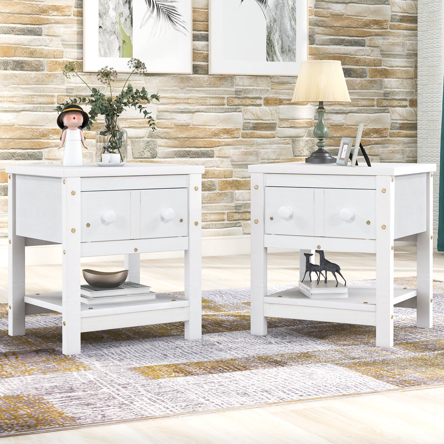 HSUNNS Set of 2 Nightstand Bedroom Bedside Table with Drawers Storage, Country Style Night End Table with Mental Handle, Suitable for Living Room Bedroom, Gray