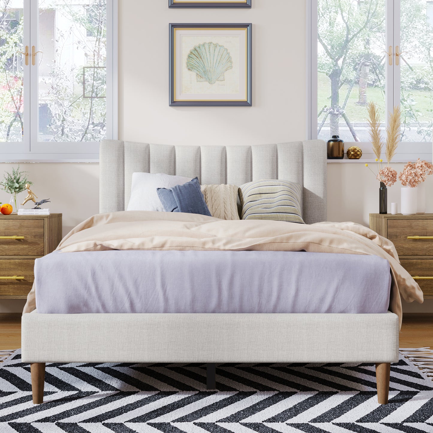 Full Size Platform Bed Frame with Linen Vertical Channel Tufted Headboard and Wooden Slats Support, Fully Upholstered Mattress Foundation, No Box Spring Needed, Easy Assembly, Gray