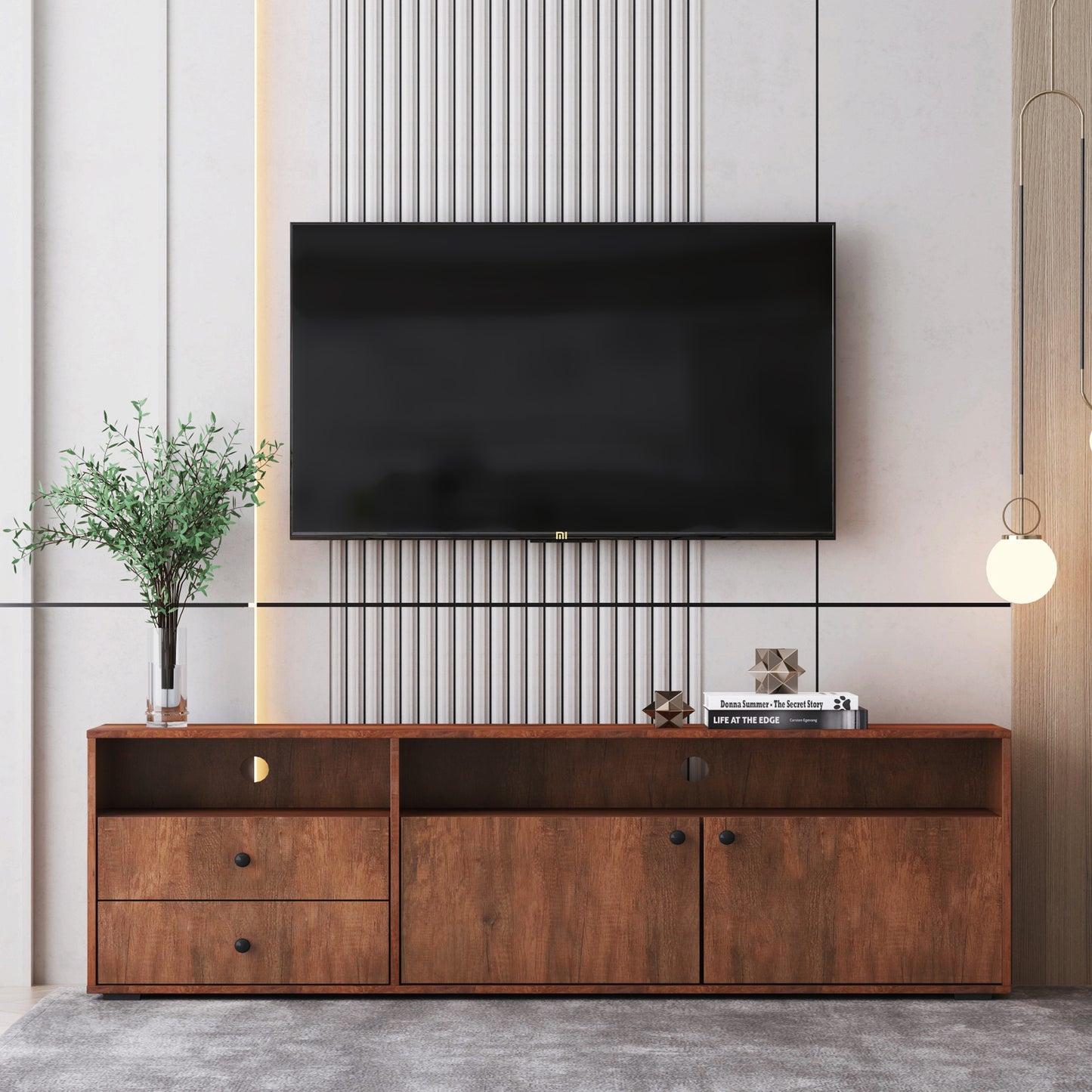 Modern TV Stand for TV up to 70 Inch with 2 Drawers and Storage Cabinet, Entertainment Center TV Console Table, Media Furniture for Living Room, Bedroom, Apartment, White