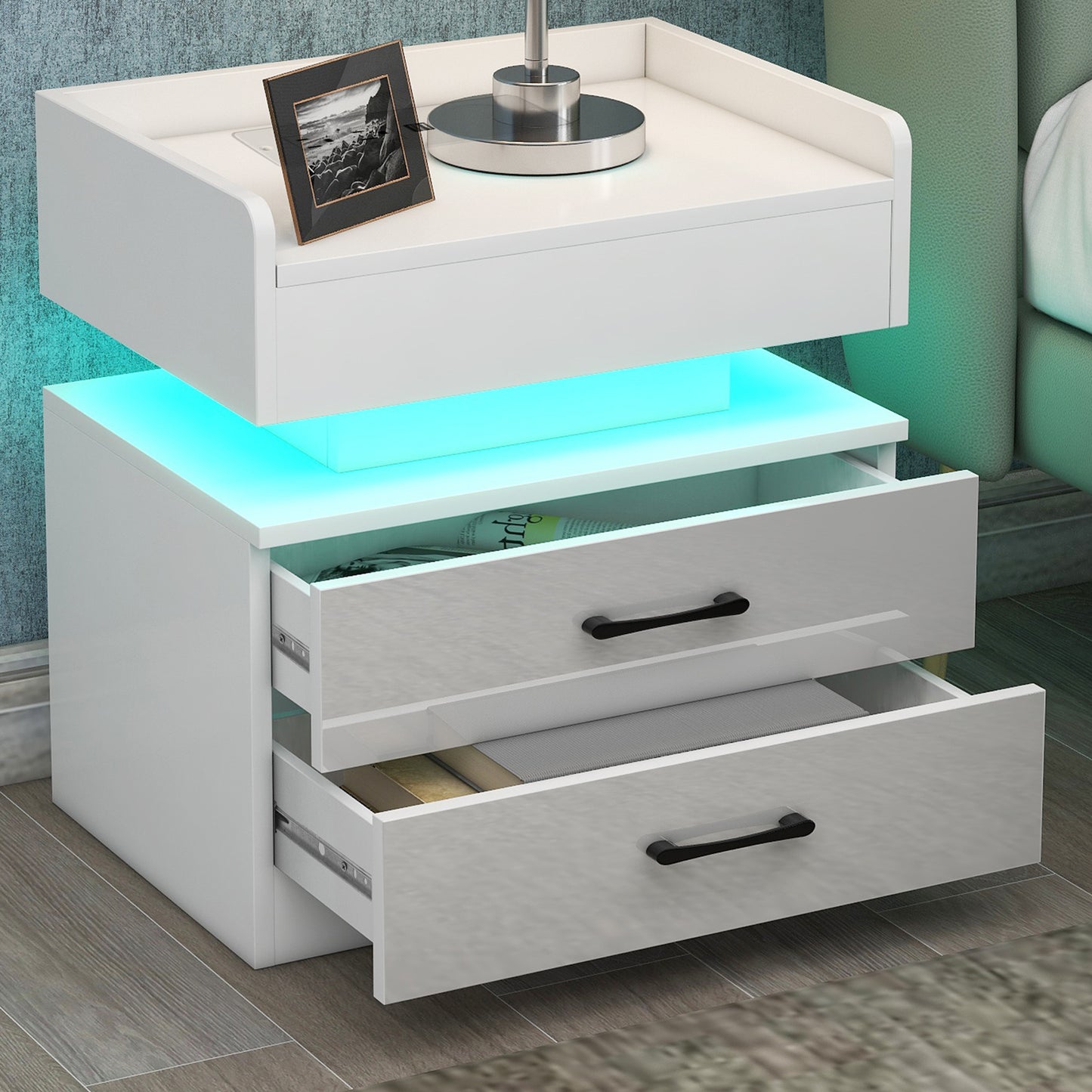 HSUNNS Modern High Gloss Nightstand with 2 Drawers, USB Charging Ports, Wireless Charging, Bedside Table with 16 RGB LED Lights, Drawer Dresser End Table Side Table for Bedroom Living Room, Black