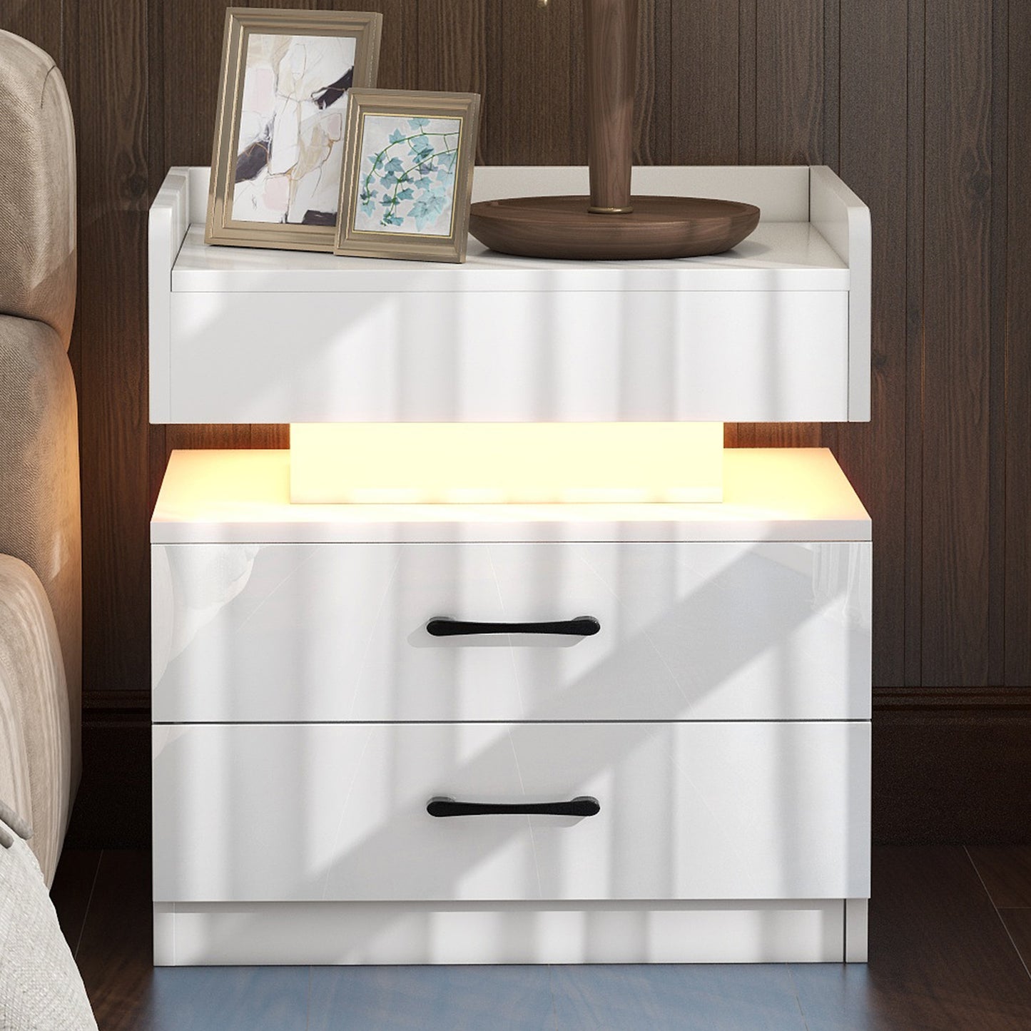 HSUNNS 2 Drawers Nightstand with RGB LED Lights Mode System, Modern High Gloss Bedroom End Table for Small Spaces, Night Stand with USB Charging Ports, Wireless Charging for Bedroom, White