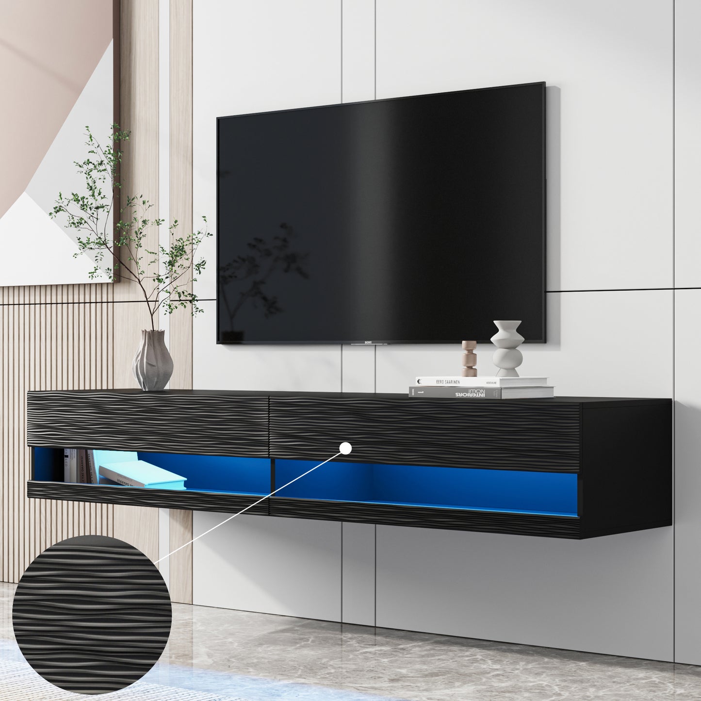 Floating TV Stand for up to 80" TVs, HSUNNS Wood TV Stand with 16 RGB Lights, Wall Mounted Media Console Entertainment Center for Living Room, Bedroom, 70.9x16.5x11.8in, Black