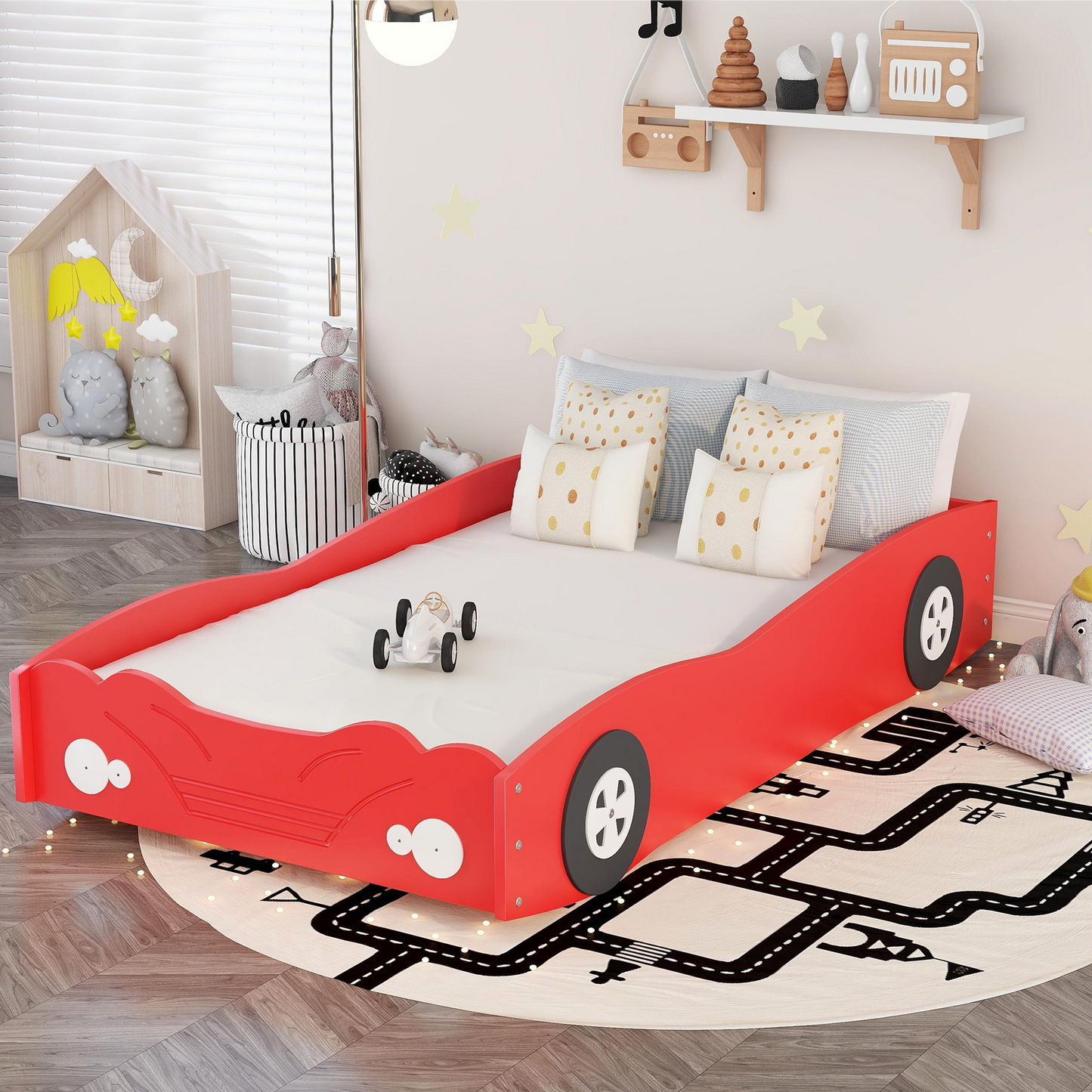 HSUNNS Twin Size Kids Bed for Boys Girls Toddlers, Wood Race Car-Shaped Platform Bed with 2 Sides Safety Rails and Wheels for Kids' Room Bedroom, Sofa Bed Floor Bed, Black and Red