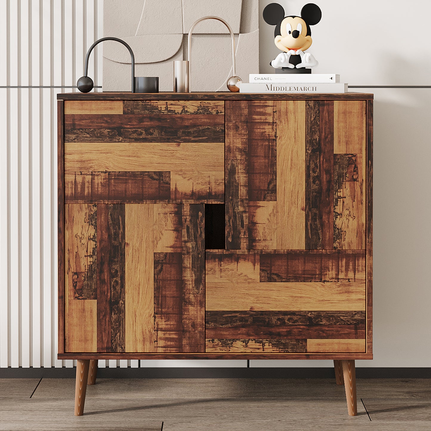 Kitchen Sideboard, Freestanding Storage Cabinet with Storage, Buffet Cabinet Server Cupboard, Floor Sideboard Cabinet with 2 Doors and 4 Cabinets for Living Room, Dining Room, Hallway, Walnut