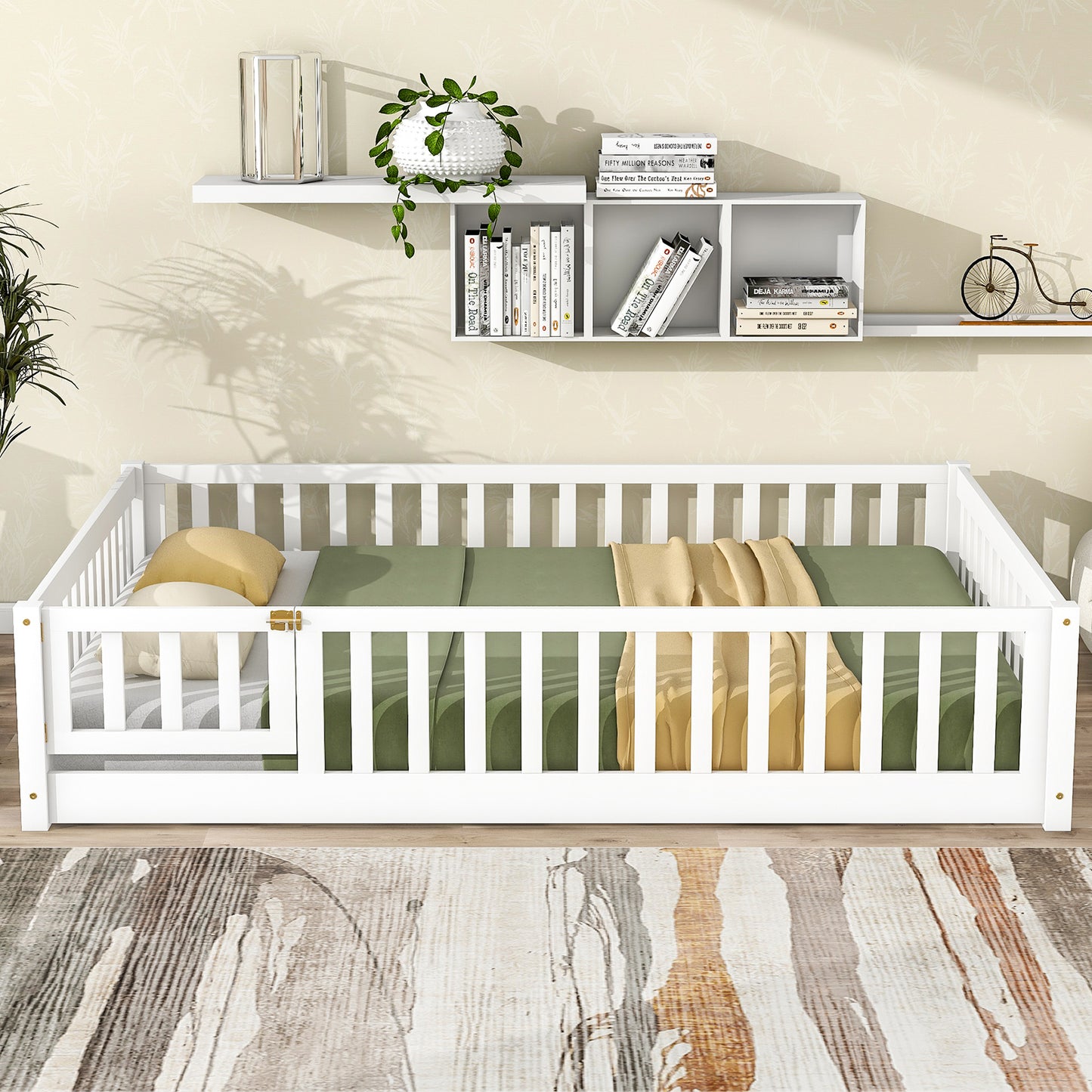 HSUNNS Kids Full Size Floor Bed Frame, Solid Wood Platform Bed Day Bed with Fence and Door, Full Bed with Support Slats for Toddlers Kids, Boys, Girls, No Box Spring Needed, Gray