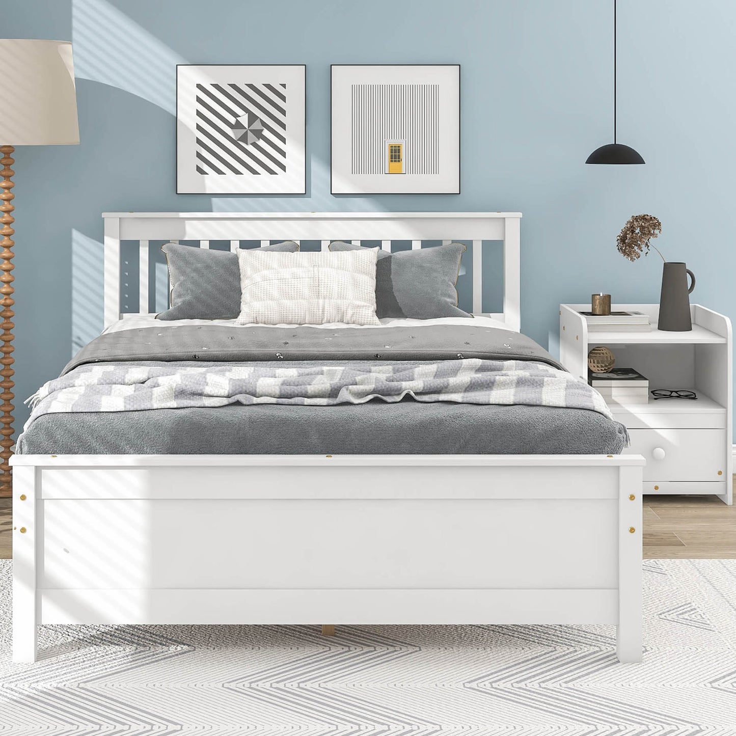 2 Piece Twin Size Platform Bed Frame Set with A Nightstand, Headboard and Footboard, Modern Wood Bedside Table with Drawer Storage, Gray