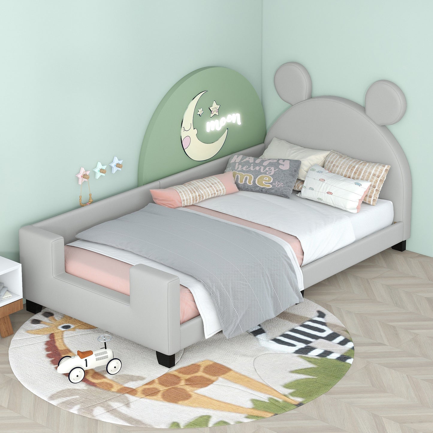 Kids Twin Upholstered Day Bed Frame for Boys Girls Toddlers, Wood Platform Bed with Mouse Ears Headboard for Kids' Room Bedroom, PU Leather Sofa Bed Floor Bed, Easy Assemble, White