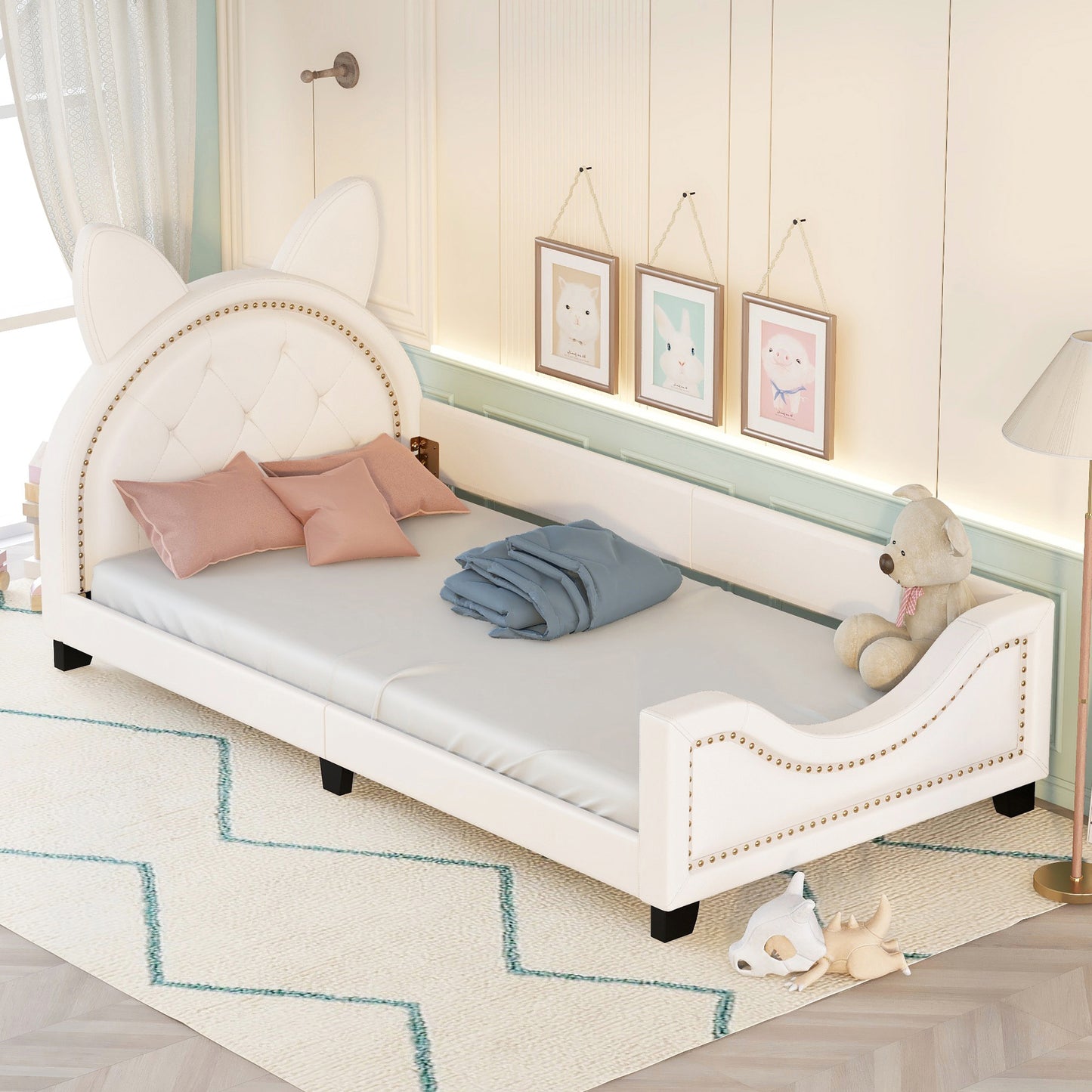 HSUNNS Twin Size Daybed, Upholstered Daybed with Cartoon Ears Shaped Headboard, PU Leather Twin Sofa Bed Frame Floor Bed for Bedroom, Low to the Ground, No Box Spring Needed, 250LBS, Pink