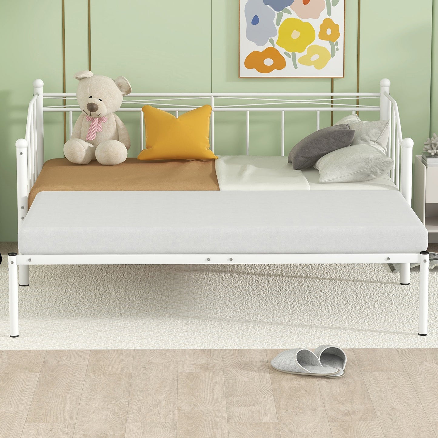 HSUNNS Metal Daybed with Trundle, Twin Size Daybed with Pop Up Trundle, Twin Size Day Bed Sofa Bed for Kids Teens Adults Guests, Heavy Duty Steel Slat Support, No Spring Box Needed, Pink