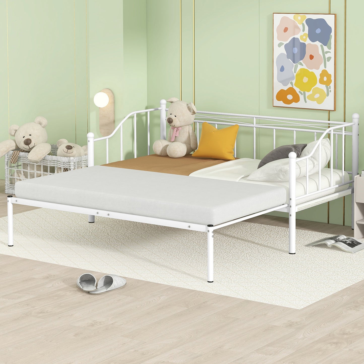 HSUNNS Twin Size Metal Frame Daybed with Pullout Trundle, Heavy Duty Steel Slat Support Sofa Bed Trundle Bed for Kids Boys Girls Teens Adults Guests, No Spring Box Needed, Pink