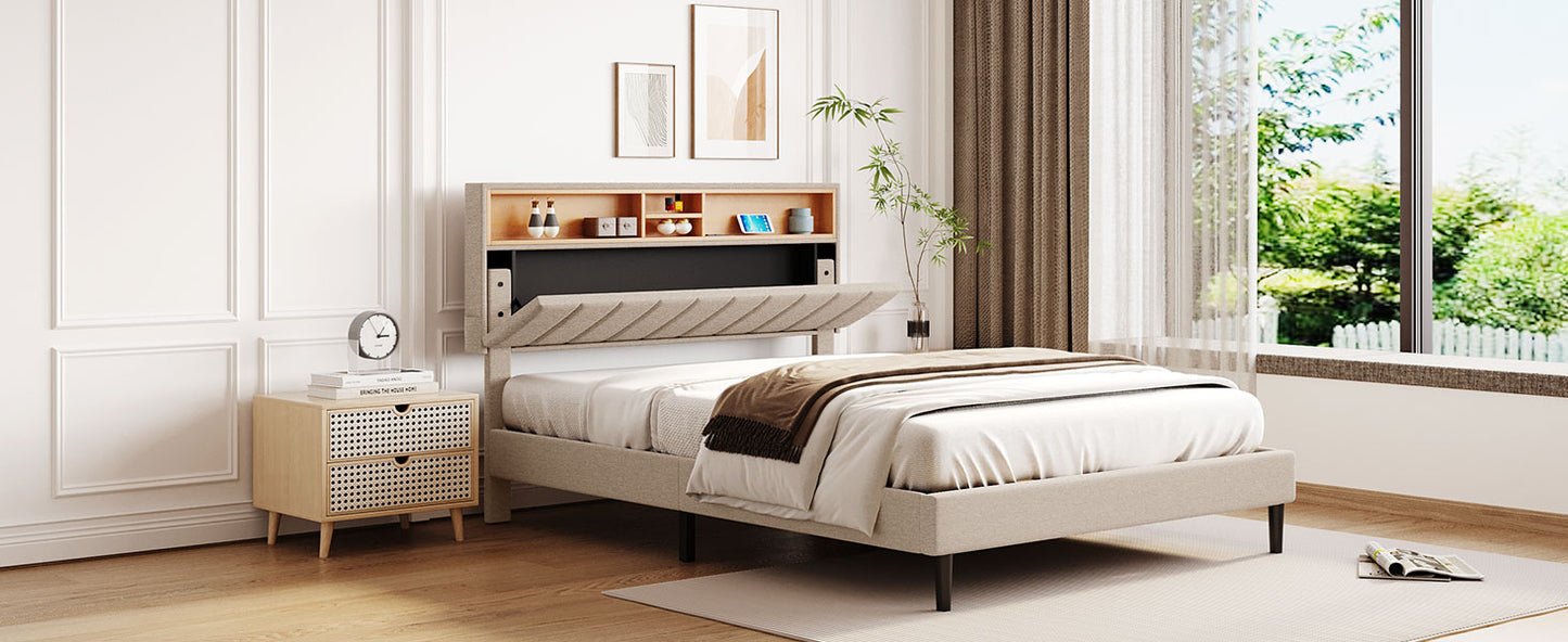 Queen Size Upholstered Platform Bed with Storage Headboard and USB Port, Contemporary Linen Fabric Upholstered Bed, Queen Bed Holds Up to 500lbs, Modern Bedroom Furniture, Gray
