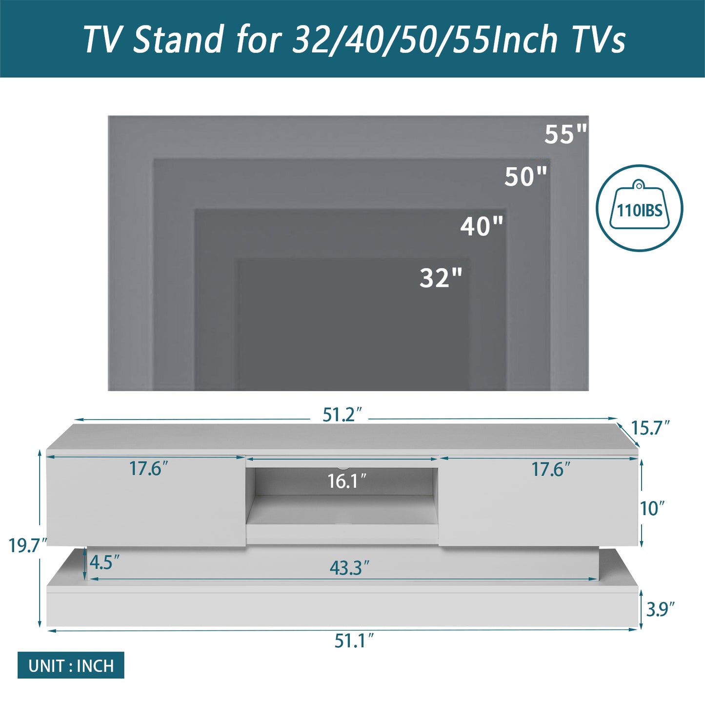 HSUNNS LED Entertainment Center for TVs Up to 55", Modern High Glossy Front TV Stand With Lights and 2 Drawers, Media TV Console for Living Room Bedroom, Size: 51x16x 20in, White