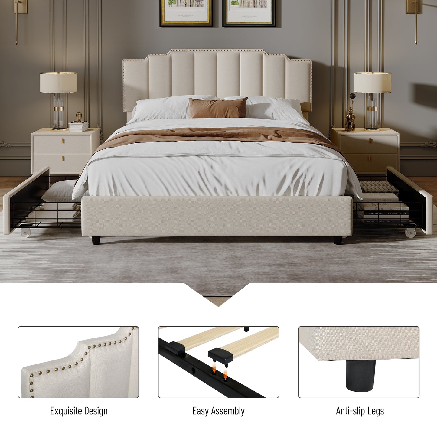 HSUNNS Queen Size Upholstered Bed with Storage Drawers and Bed Canopy, Modern Linen Fabric Queen Bed Platform Bed for Kids Adults, with Adjustable Headboard, 500lbs Weight Capacity, Gray