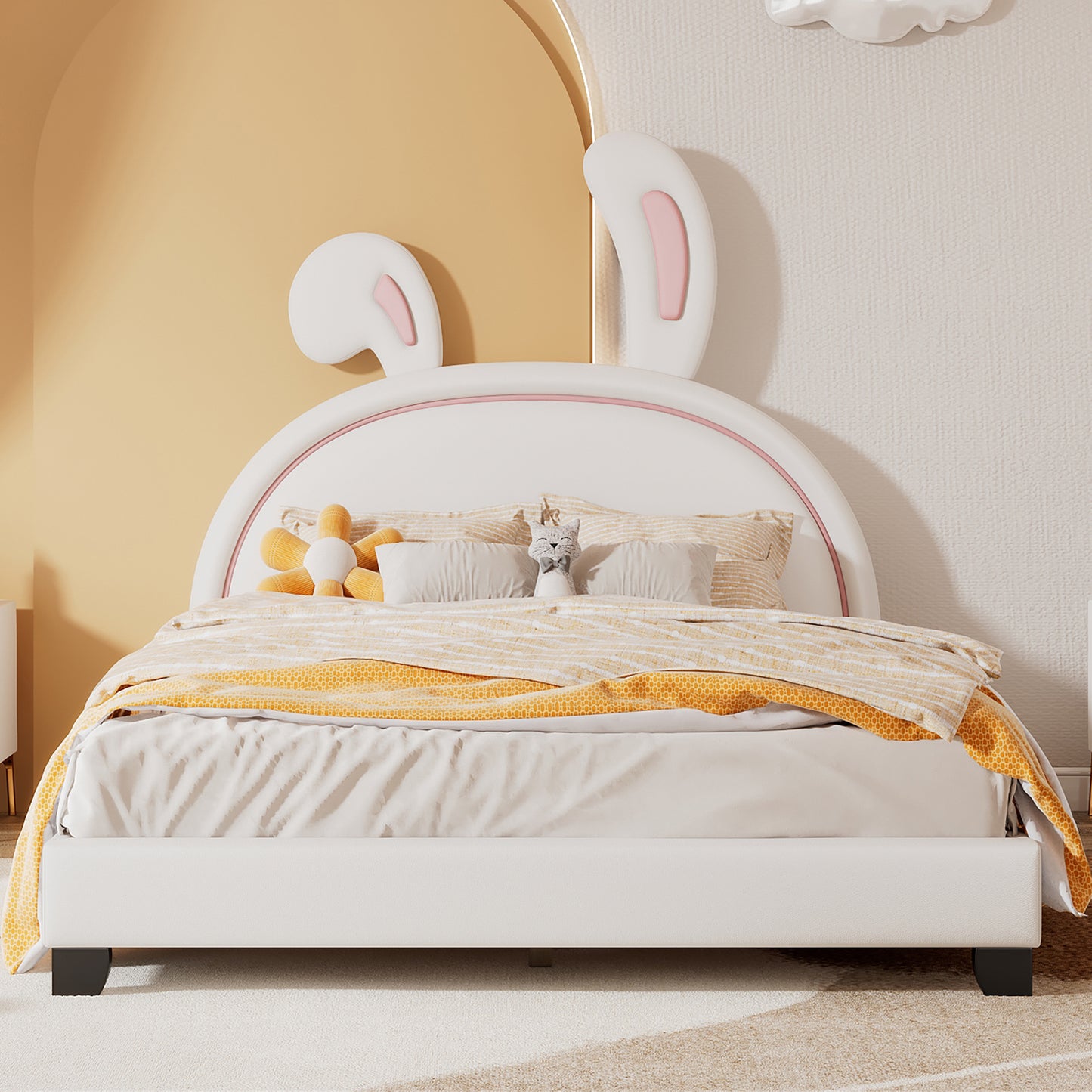 HSUNNS PU Leather Upholstered Full Bed Frame with Rabbit Ornament Headboard, Kids Bed Wood Base Full Size Platform Bed Frame with Slat Support for Girls Boys Teens Adults, Easy Assembly, Gray