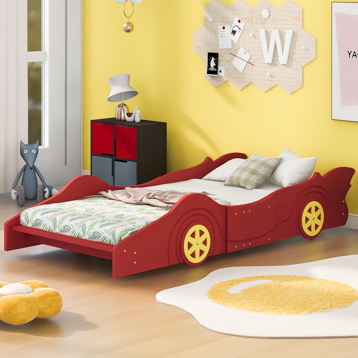 HSUNNS Full Size Kids Bed for Boys Girls Toddlers, Wood Race Car-Shaped Platform Bed with 2 Sides Safety Rails and Wheels for Kids' Room Bedroom Apartment, Cute Sofa Bed Floor Bed, Red