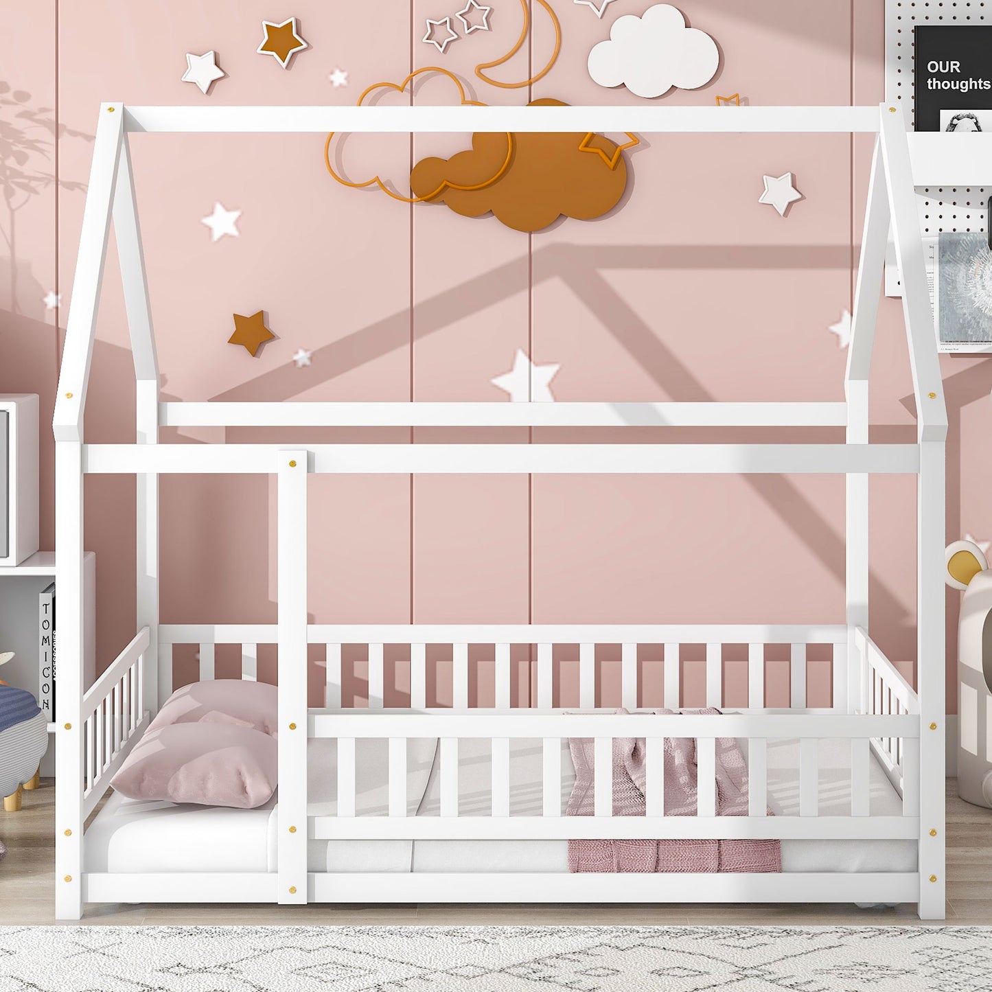 HSUNNS Twin Size House Bed Frame for Toddlers Kids, Twin Floor Bed with Fence Guardrails, Twin Size Platform Bed Playhouse Bed for Boys Girls, No Box Spring Needed, Easy Assembly, Gray