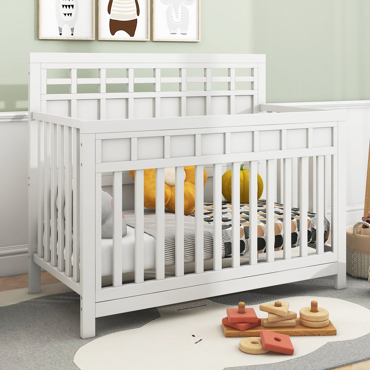 HSUNNS 4-in-1 Convertible Mini Crib In Gray, Certified Baby Safe Crib, Non-Toxic Finish, Sustainable Pinewood, With 3 Mattress Height Settings
