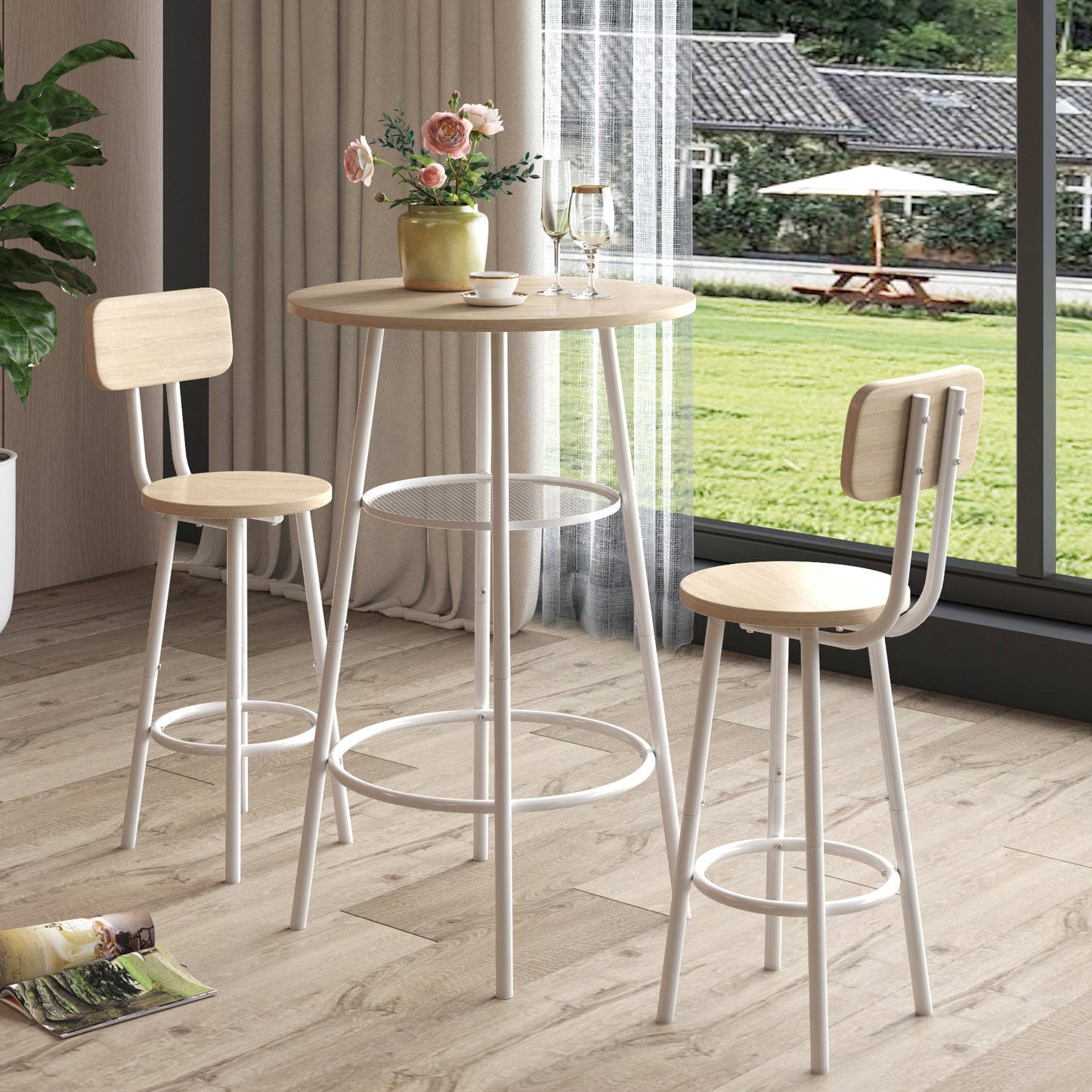 HSUNNS 3 Piece Pub Dining Set, Modern Round Bar Table and Stools with Backrest for 2, Kitchen Counter Height Wood Top Bistro for Breakfast Nook Living Room Apartment Small Space Restaurant, Beige