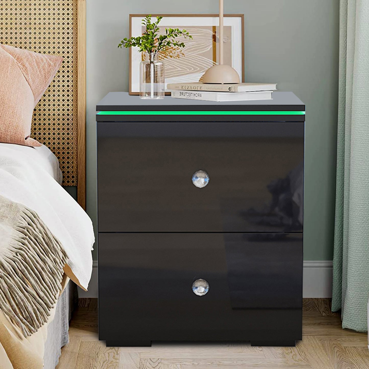 Modern High Gloss Nightstand with 2 Drawers, Bedside Table with 16 RGB LED Lights, Drawer Dresser End Table Side Table for Bedroom Living Room, Black