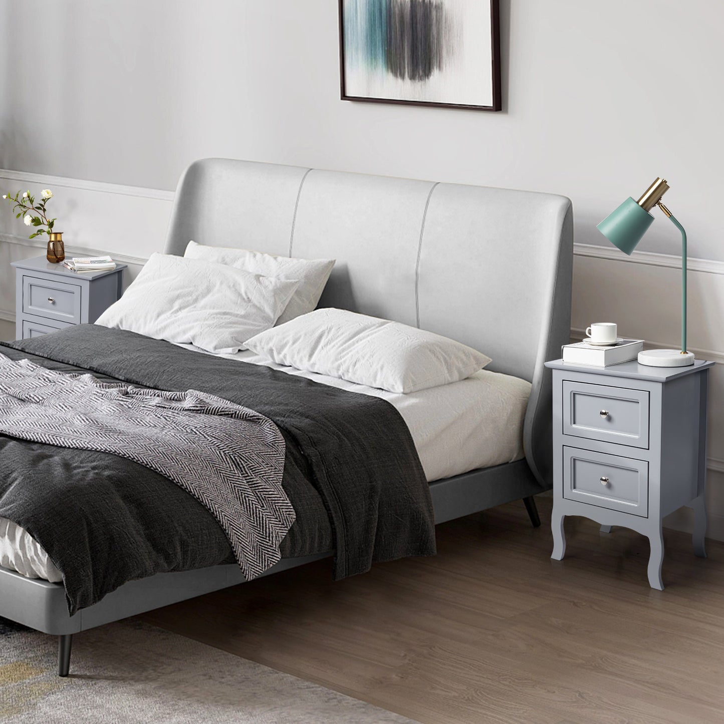 HSUNNS Set of 2 Nightstand Bedroom Bedside Table with Drawers Storage, Country Style Night End Table with Mental Handle, Suitable for Living Room Bedroom, Gray