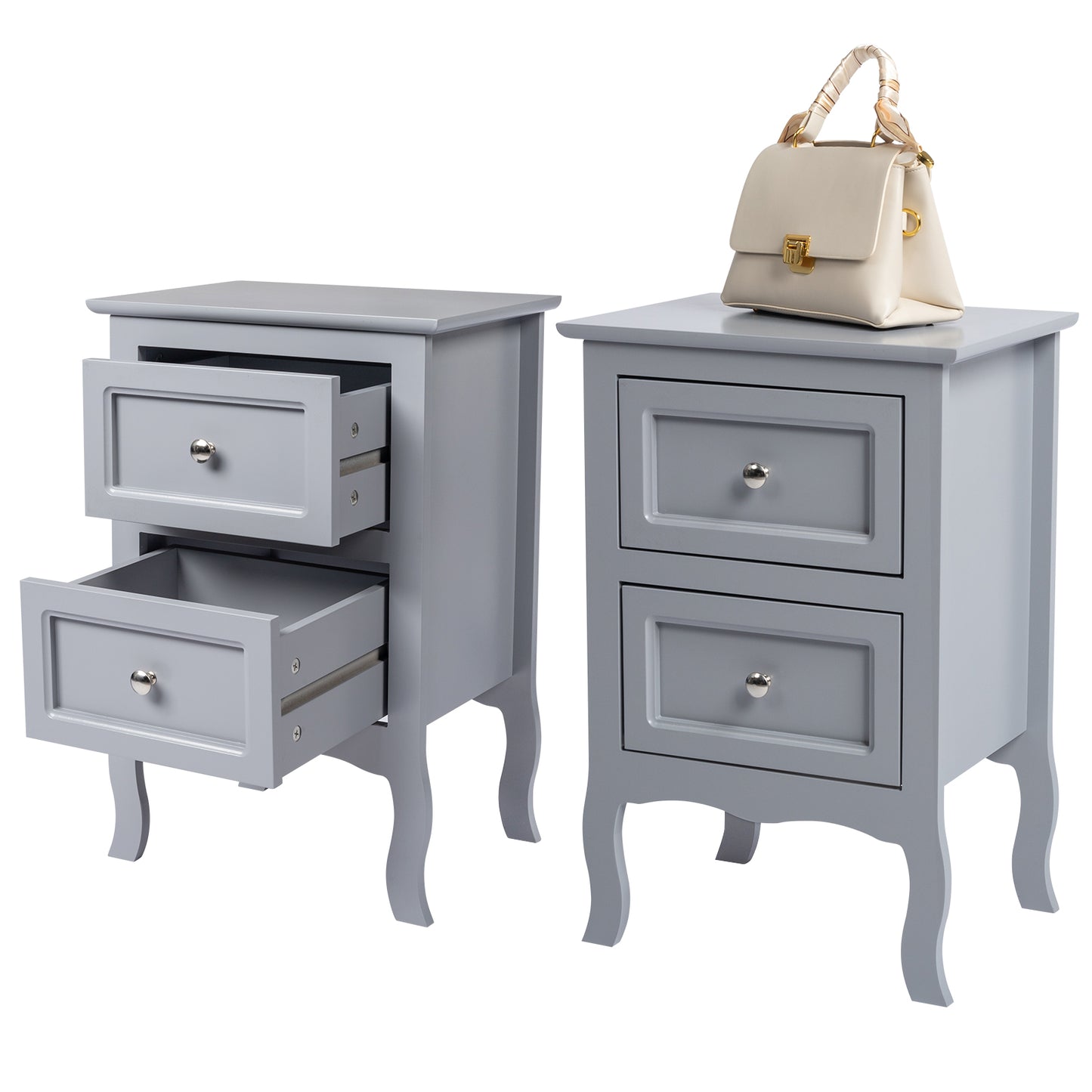 HSUNNS Set of 2 Nightstand Bedroom Bedside Table with Drawers Storage, Country Style Night End Table with Mental Handle, Suitable for Living Room Bedroom, Gray