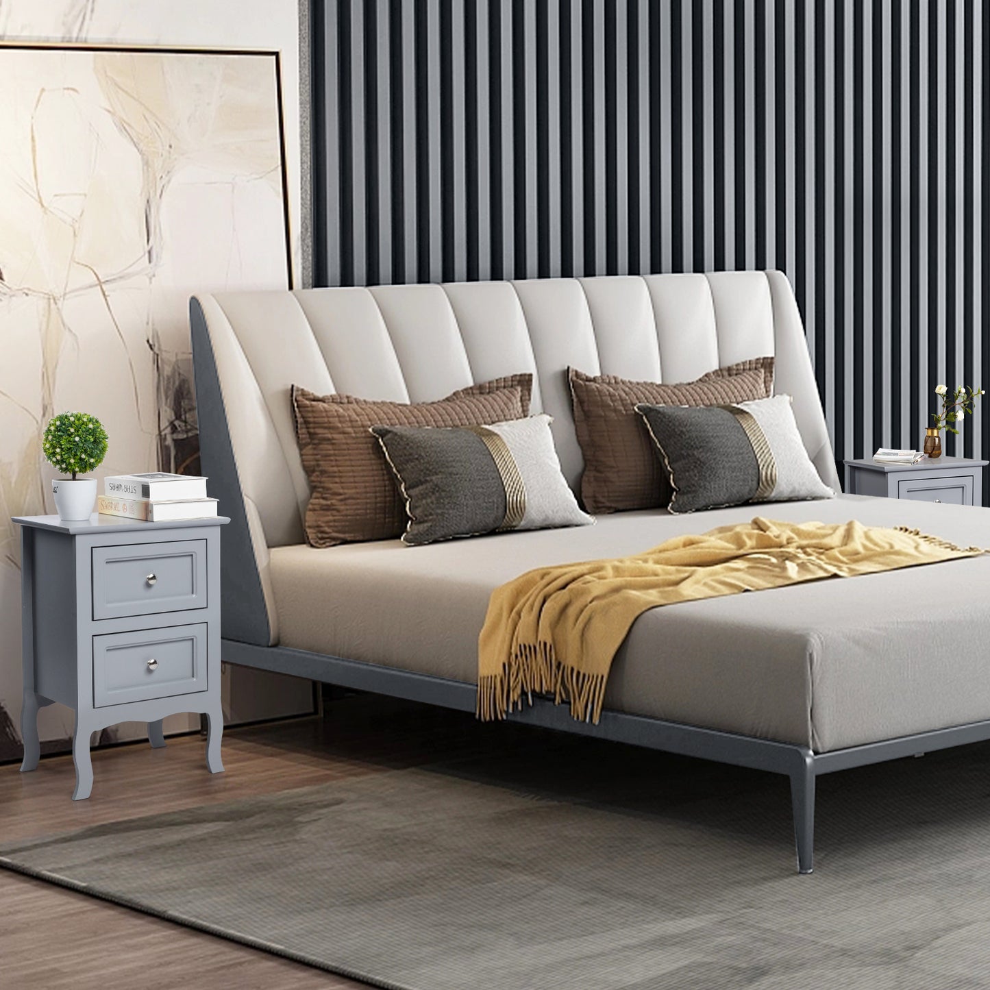 HSUNNS Set of 2 Nightstand Bedroom Bedside Table with Drawers Storage, Country Style Night End Table with Mental Handle, Suitable for Living Room Bedroom, Gray