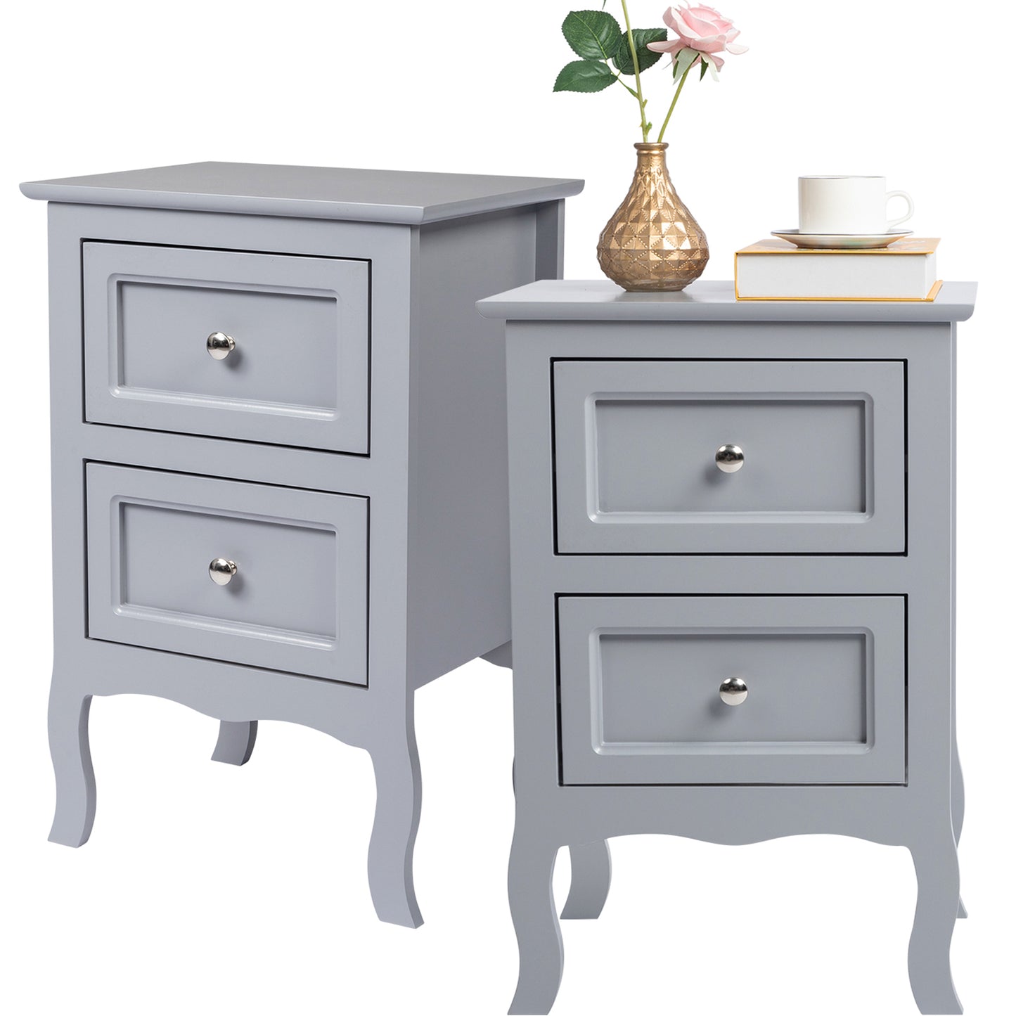 HSUNNS Set of 2 Nightstand Bedroom Bedside Table with Drawers Storage, Country Style Night End Table with Mental Handle, Suitable for Living Room Bedroom, Gray