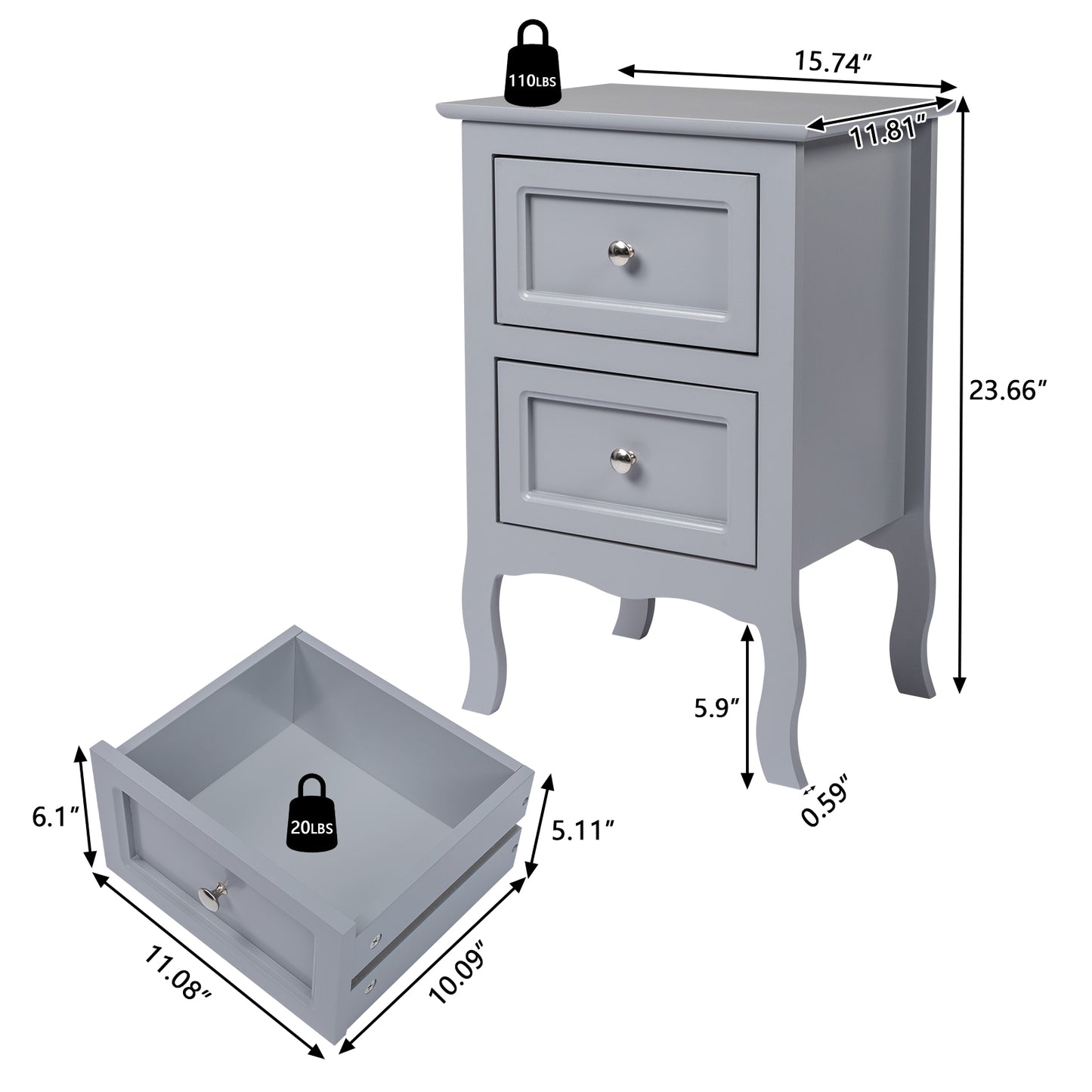 HSUNNS Set of 2 Nightstand Bedroom Bedside Table with Drawers Storage, Country Style Night End Table with Mental Handle, Suitable for Living Room Bedroom, Gray