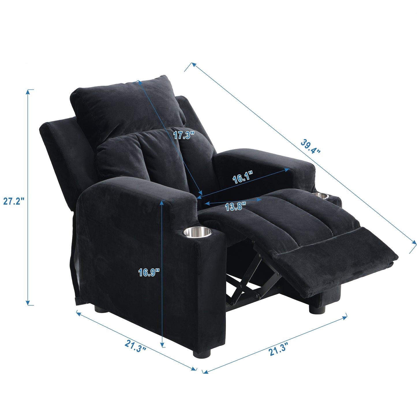Kids Recliner Chair, Upholstered Couch with 2 Cup Holders, Backrest, Toddlers Velvet Recliner with Headrest and Footrest, Child Furniture for Ages 3-12, Small Recliner for Girls Boys Babys, Black
