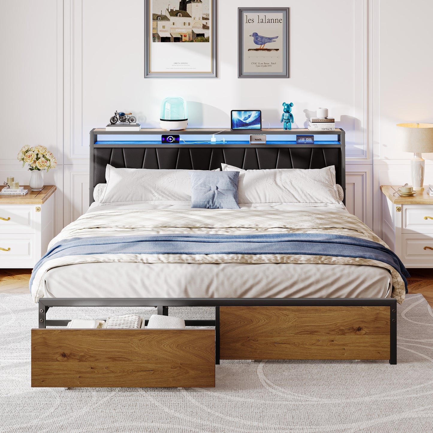 HSUNNS King Size Bed Frame with LED Light PU Leather Headboard & Outlets, Metal Platform Bed with 2 Storage Drawers, 2 Tier Headboard