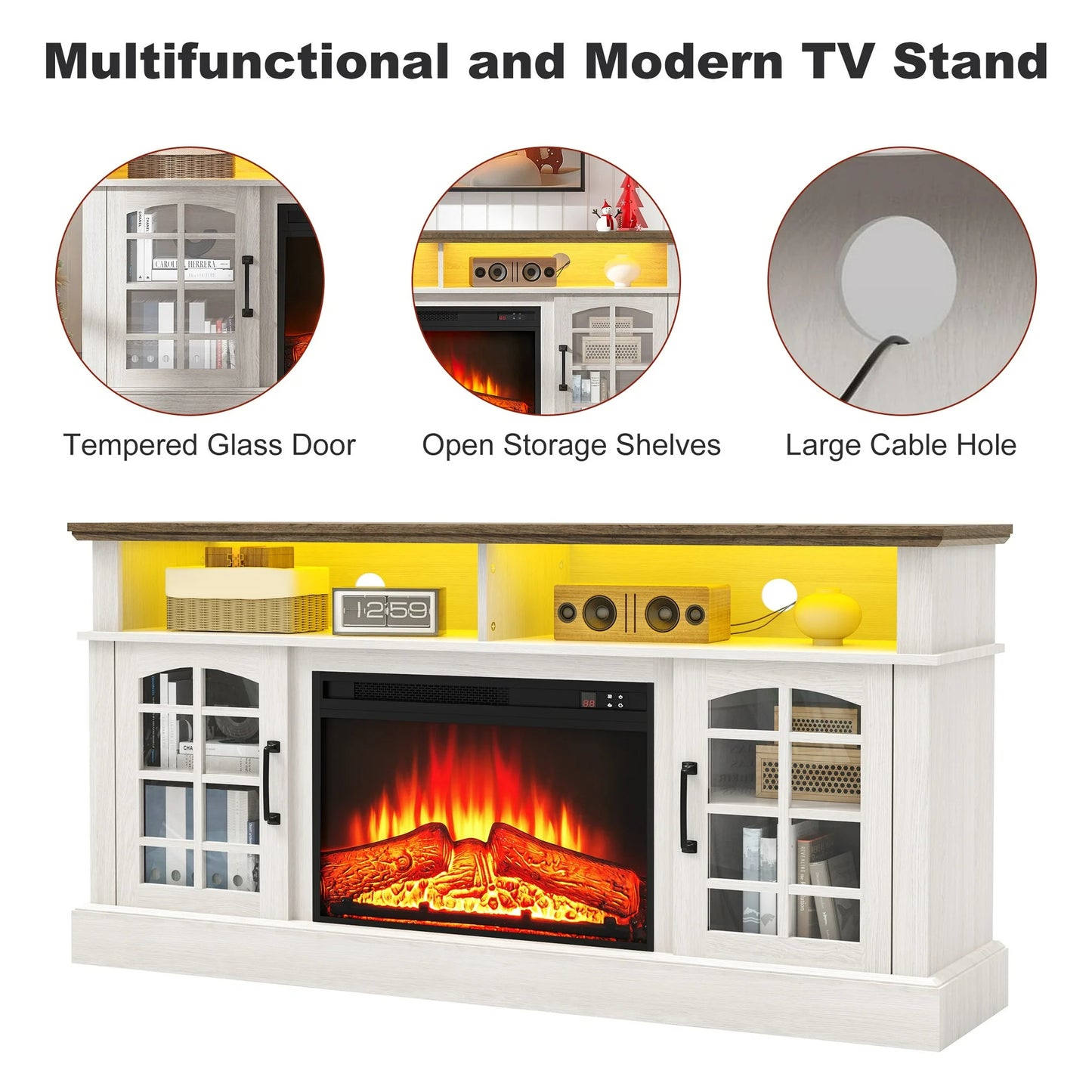 SYNGAR Fireplace Electric TV Stand for 65" TV with LED Light, Modern Entertainment Center With Remote Control Virtual Flame Fireplace, 2 Cabinet Storage, Glass Door, Storage Shelves, White+Black