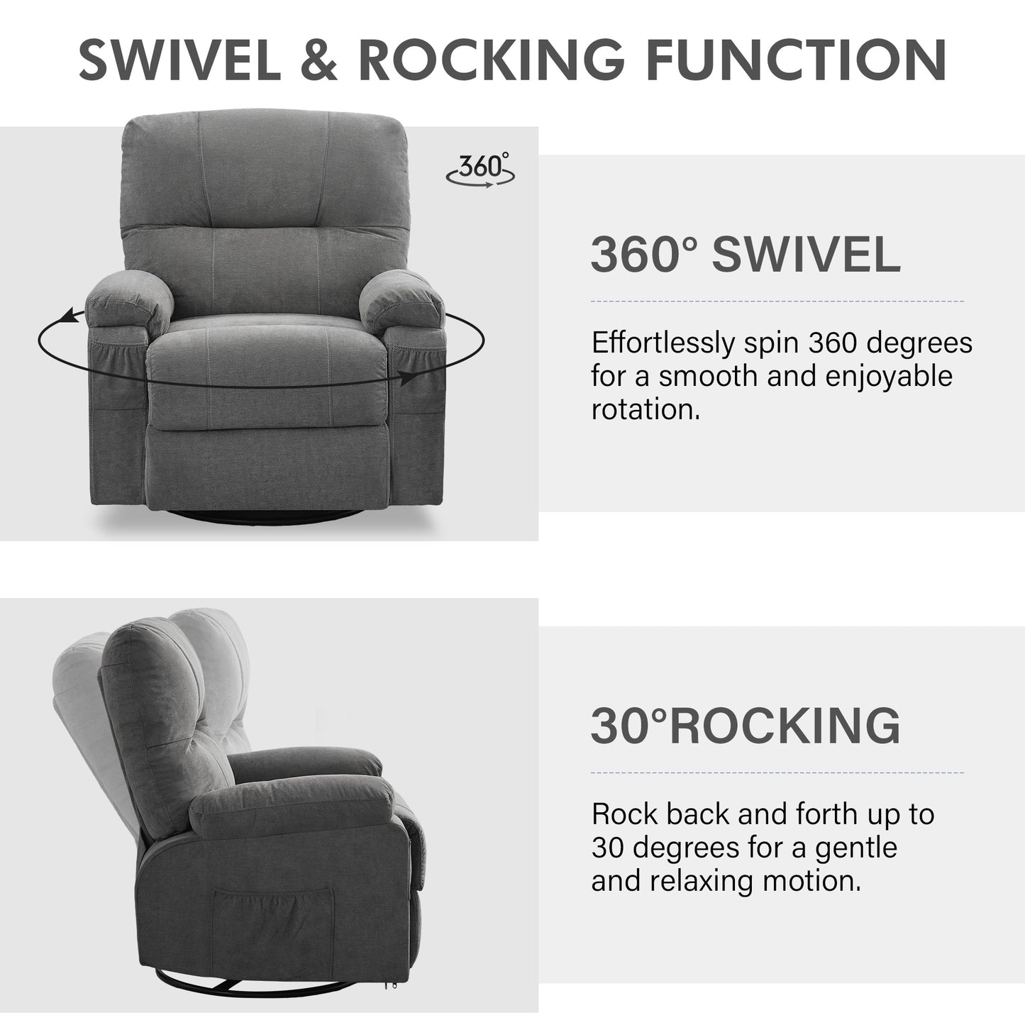 HSUNNS Swivel Recliner Chair for Adults, Oversized Recliner with 2 Side Pockets and 2 Front Pockets, Living Room Single Sofa Home Theater, Comfortable Backrest and Armrests, Light Brown