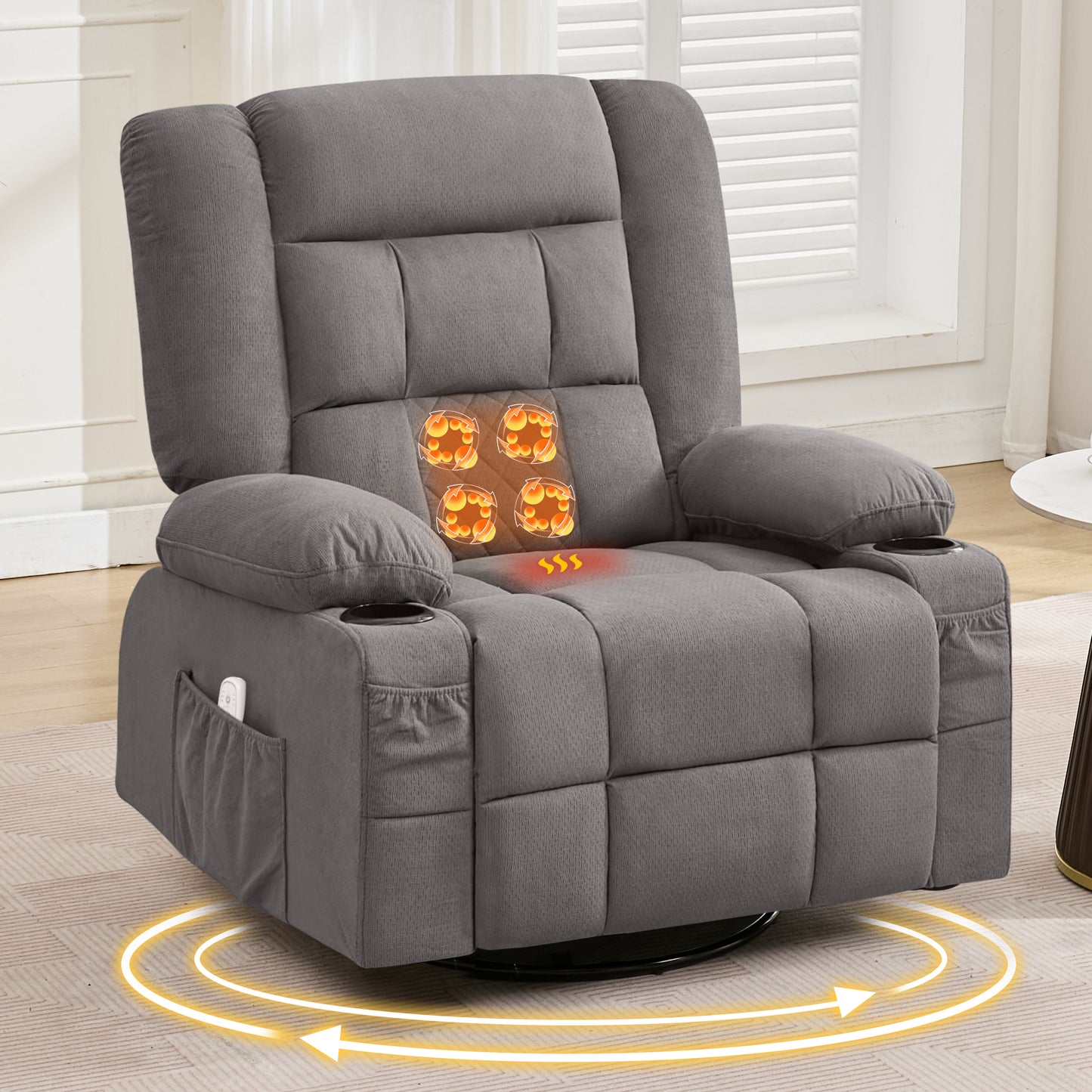 HSUNNS 360°Swivel Recliner Chair for Adults, Living Room Recliner Chair with 4-Point 3D Kneading Massage and Heat, Rocking Swivel Chair with USB Port, Cup Holders