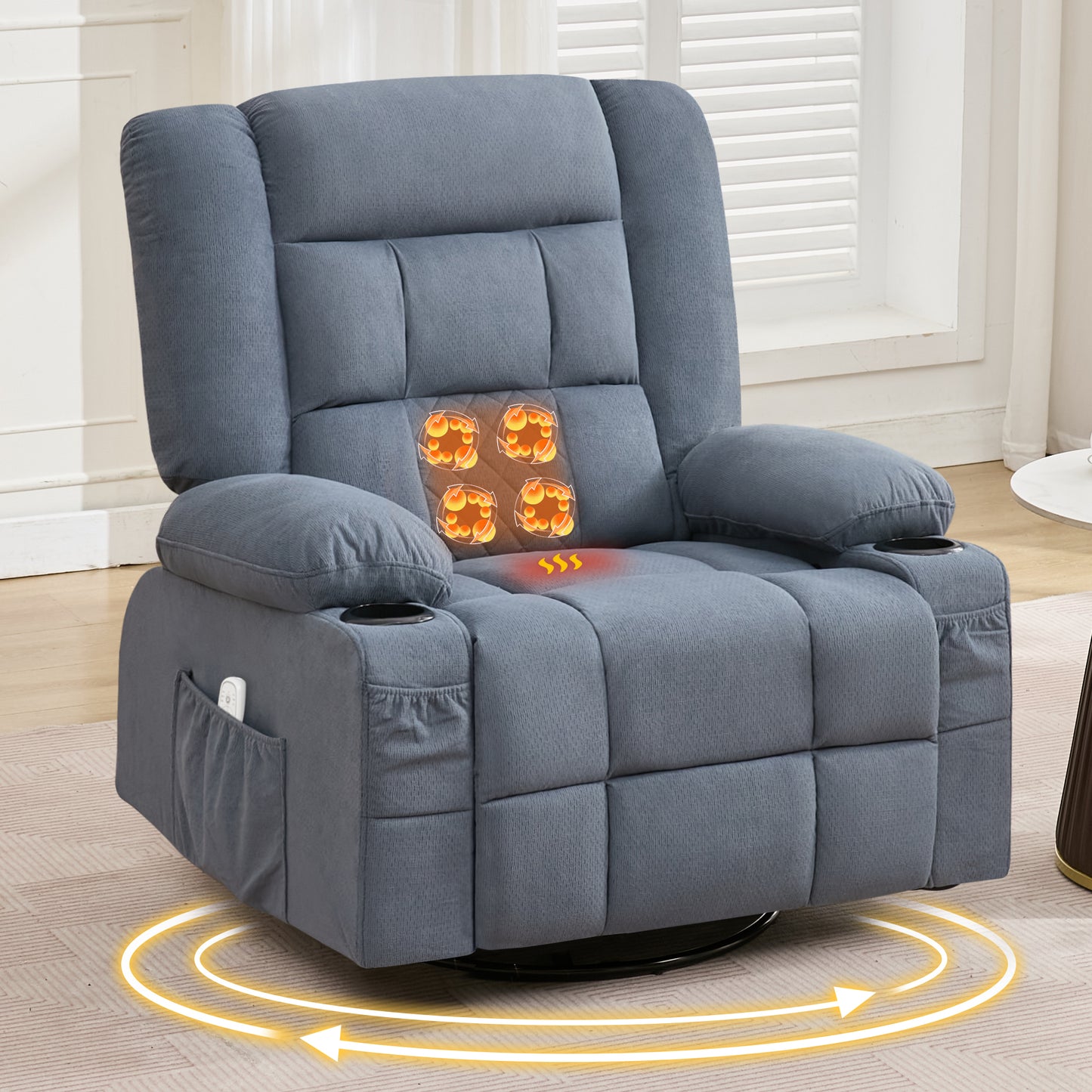 HSUNNS 360°Swivel Recliner Chair for Adults, Living Room Recliner Chair with 4-Point 3D Kneading Massage and Heat, Rocking Swivel Chair with USB Port, Cup Holders