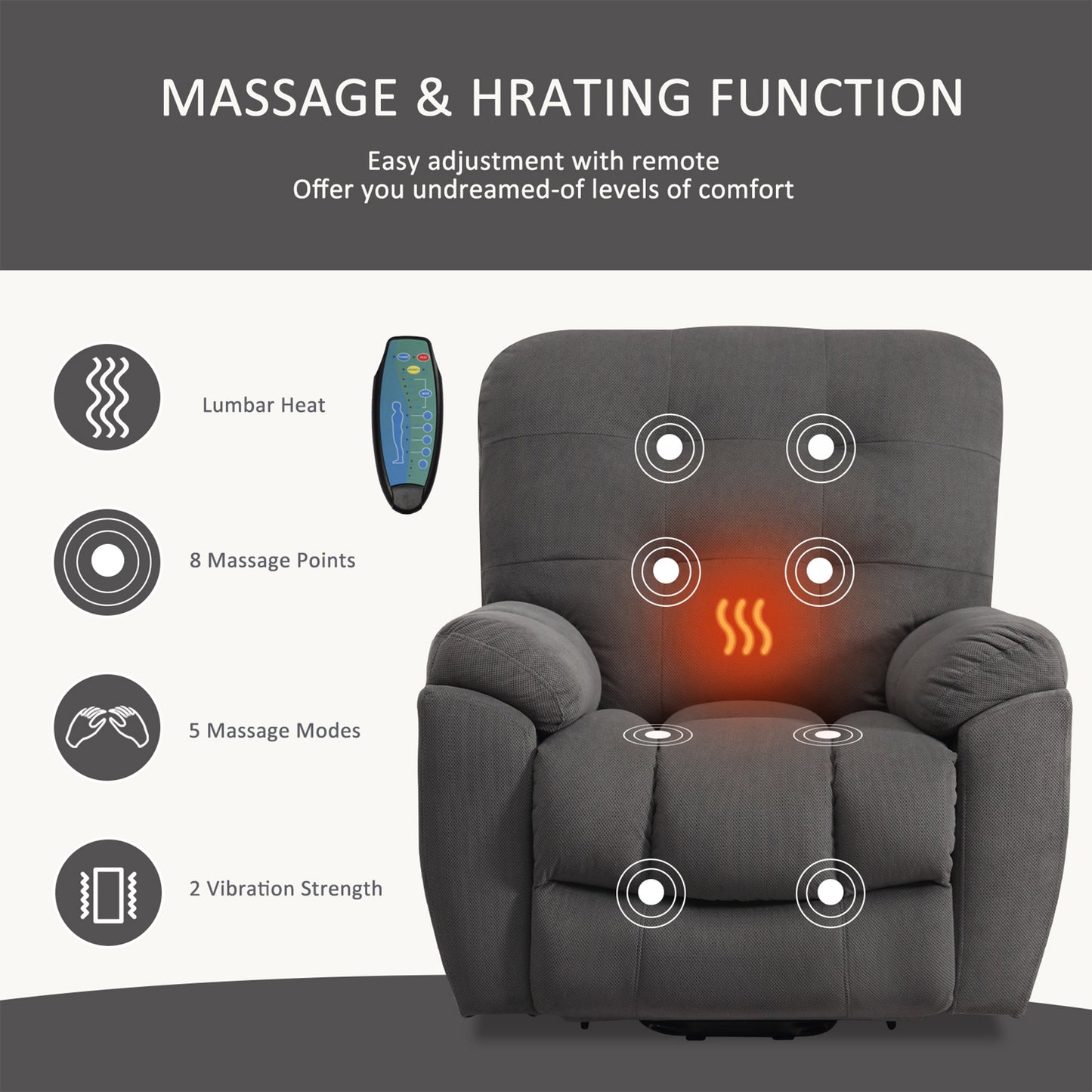 HSUNNS Power Lift Recliner Chair, Modern Recliners with Heat and Massage Function, Side Pocket, USB Charge Port, Recliner Sofa for Living Room, Bedroom, Home Theater, Grey
