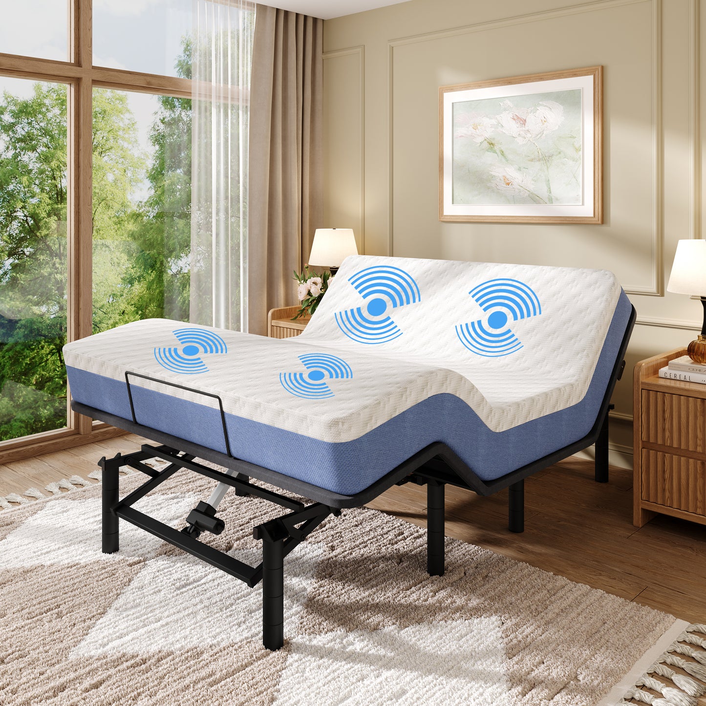 HSUNNS Queen Adjustable Bed Frame with Massage, 5 Modes & 3 Intensities, Head & Foot Incline, Zero Gravity Electric Bed Base with Wireless Remote, USB Ports, Night Light & Adjustable Legs